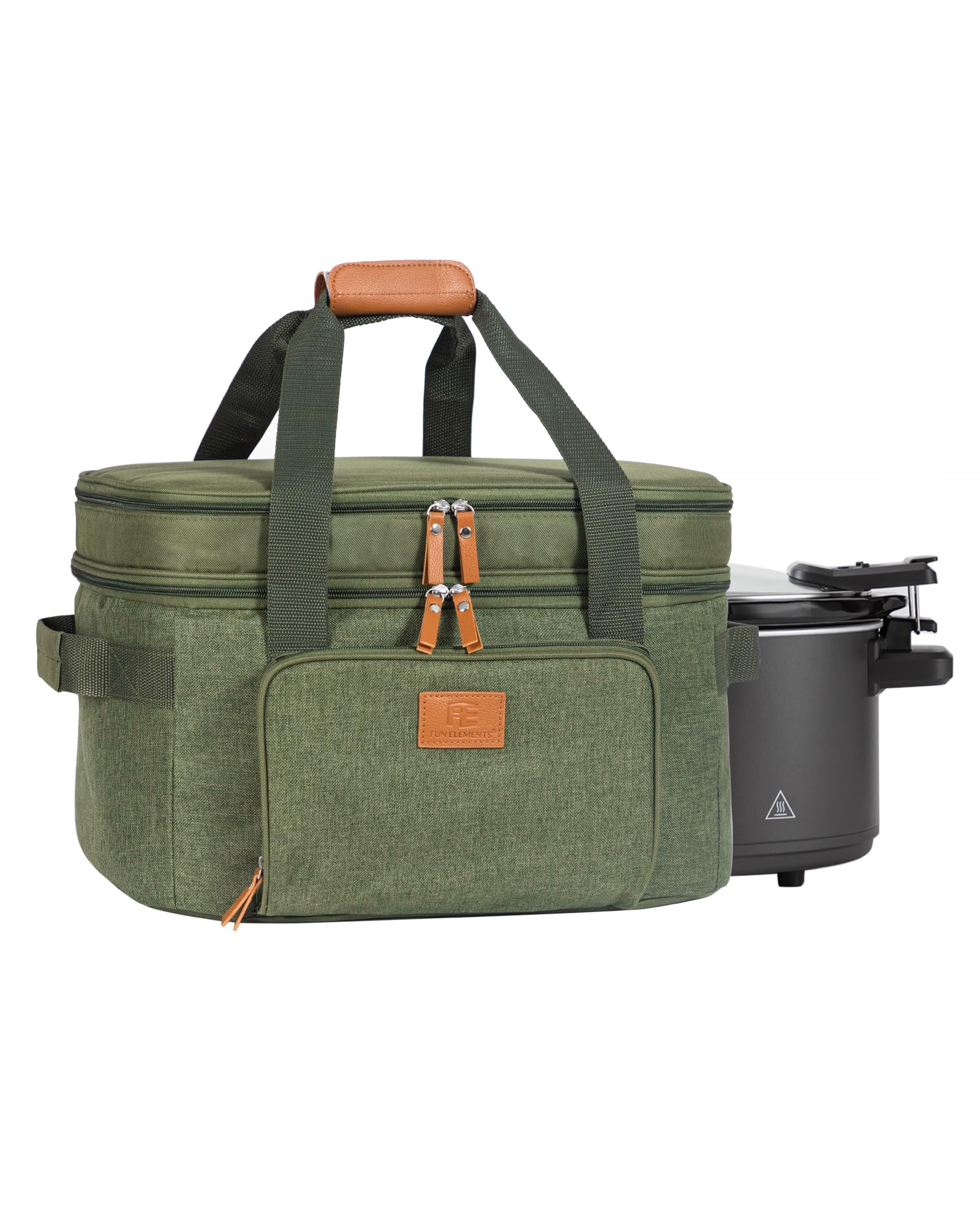 FUN ELEMENTS Double Layer Slow Cooker Carrying Bag for 6-8 Quart Oval CrockPot, Insulated Travel Carrier with Support Pad and Adjustable Straps, Top Zip Compartment and Front Pocket for Utensils,Green