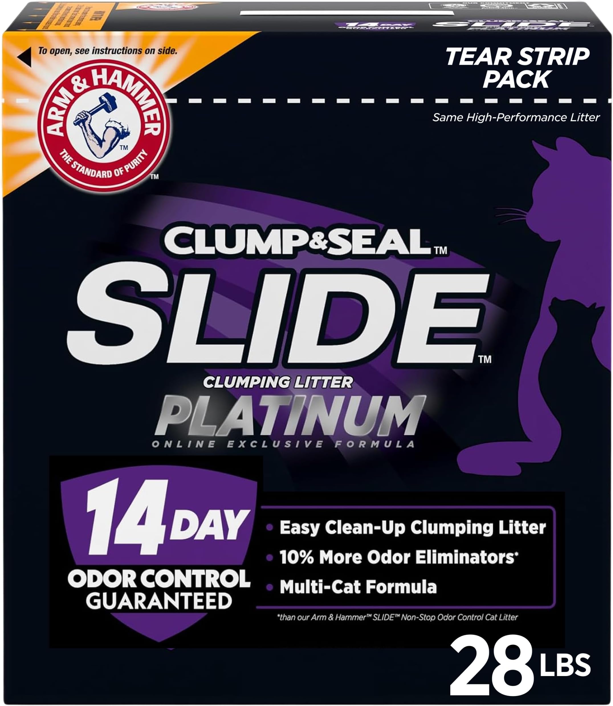 ARM & Hammer Clump & Seal Slide Platinum Multi-Cat Clumping Cat Litter, Easy Clean Technology with No Scrubbing, 14-Day Odor Control, 27.5 lbs