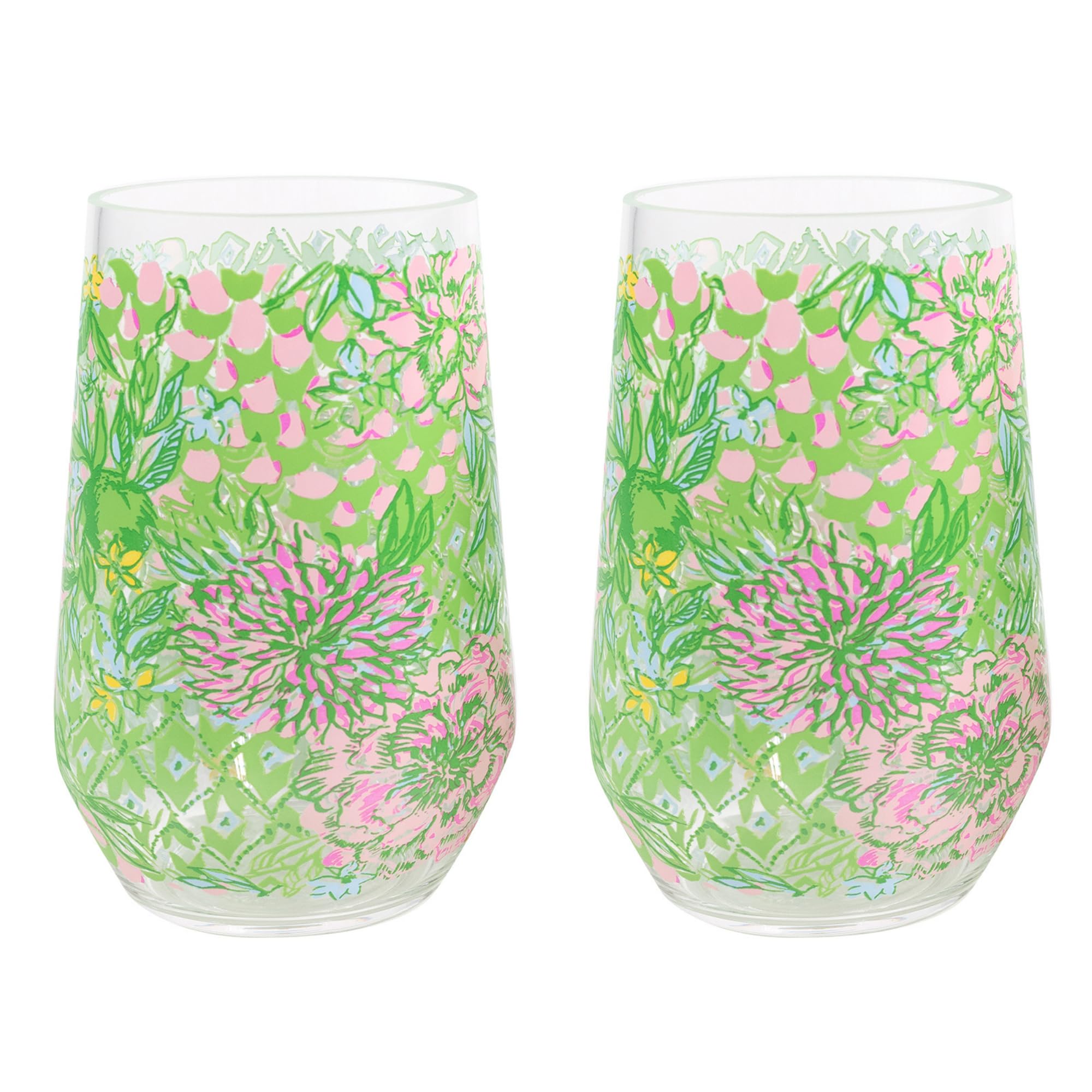 Lilly Pulitzer Stemless Wine Glass Set of 2, Large Acrylic Wine Glasses, 22 Ounce Plastic Cocktail Cups for Indoor/Outdoor, Lime Feeling Good