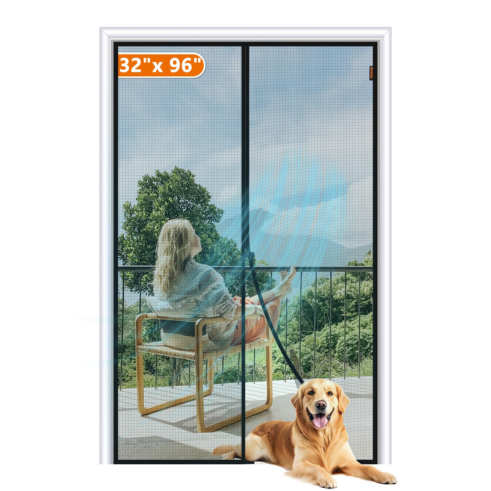 MAGZO Magnetic Screen Door Fit Door Size 32 x 96 Inch, Screen Size 34" x 97" Strong Magnets Mesh, Reinforced Fiberglass Net for Patio and Front Entrances, Gray