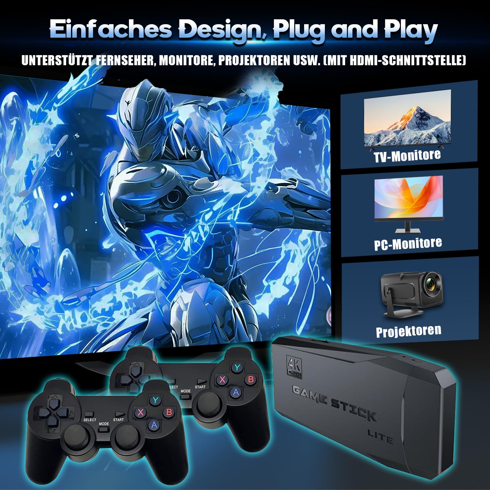 M8 64G Retro Konsole Retrolink 20000+ Spielen zwei kabellose Controller,4K Retro spielekonsole HDMI Plug and Play Wireless Game Stick für TV