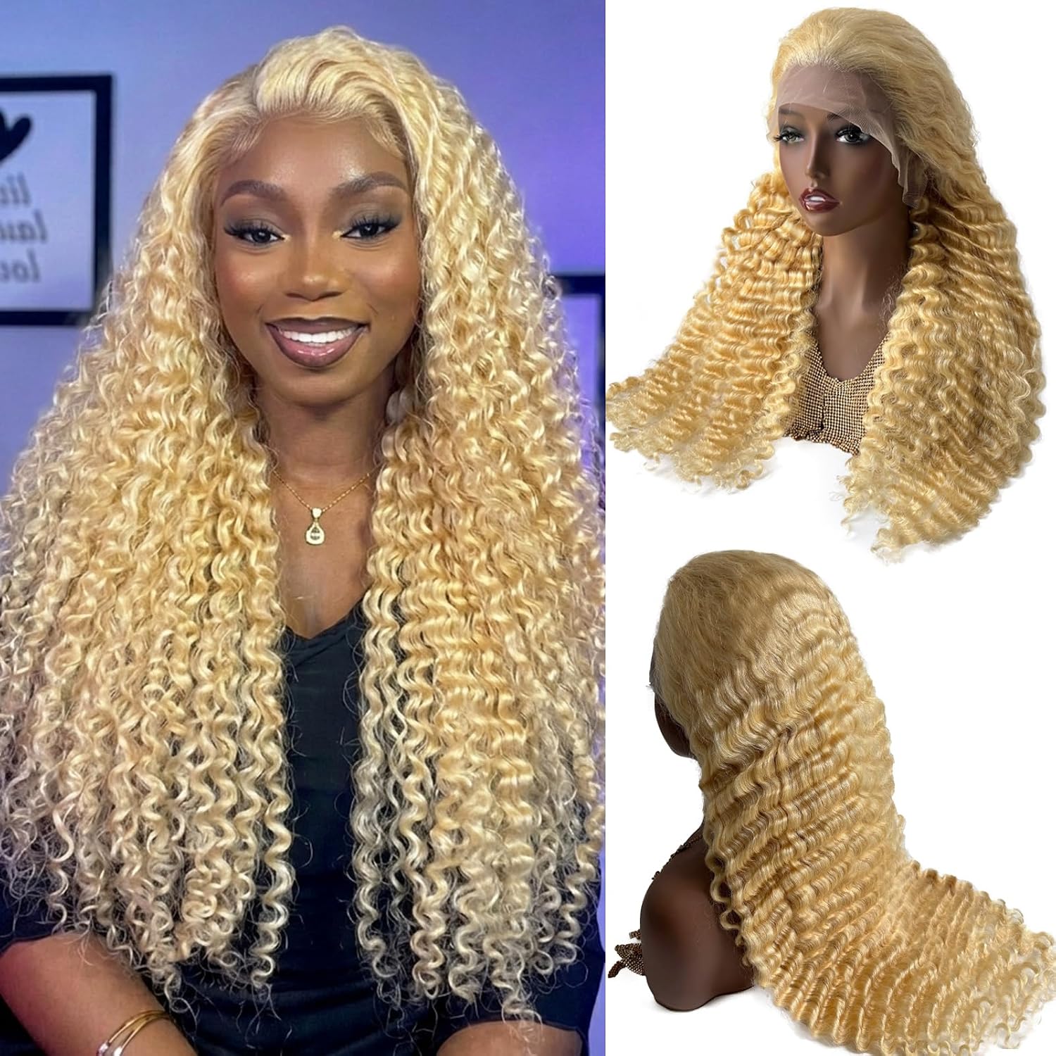 32" 13x6 613 Lace Front Wig Human Hair 200 Density Deep Wave Wig | Natural Looking Blonde Human Hair Wig, 22.5" Average Cap Size, Pre Plucked Bleached Knots, Tangle Free & Minimal Shedding