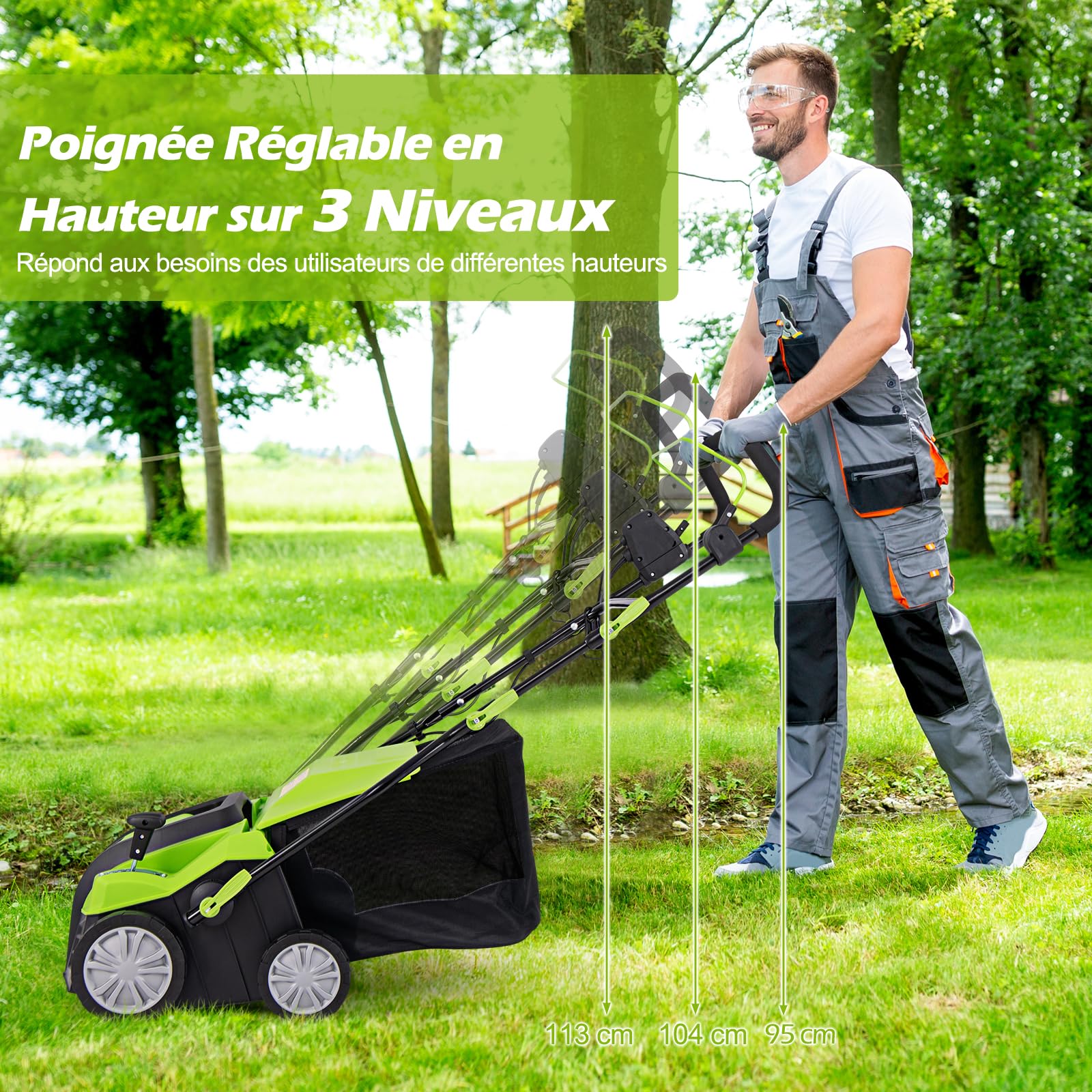 RELAX4LlFE 2-EN-1 Scarificateur Aérateur Électrique 2000W jusqu'a 400m2 avec Bac de Ramassage 55L, Profondeur&Hauteur Reglable, Verrou de securite pour Gazon Sol (Vert, 55L-2000W)