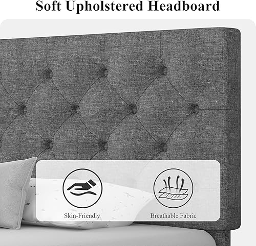 Miniatura 4 de HOMBCK Marco de cama tamaño twin, marco de cama tapizado de tela de lino gris con cabecero, marcos de cama twin para niños, listones de madera, Gris