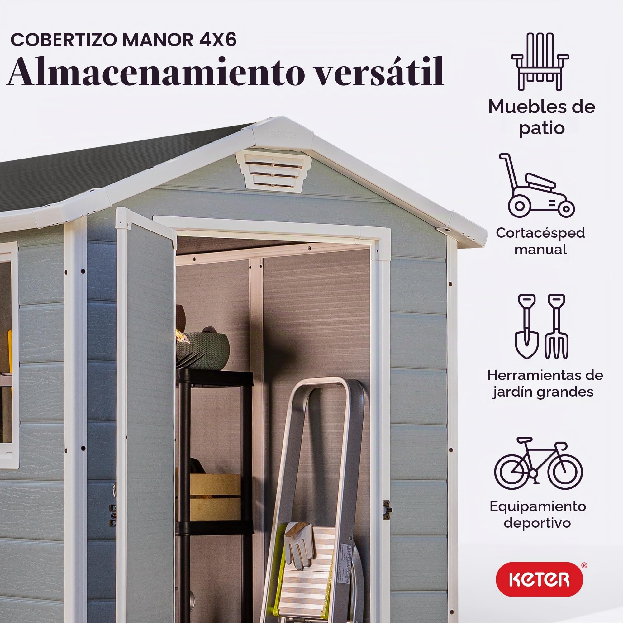 KETER Manor - Cobertizo de almacenamiento exterior, fabricado en resina, ideal para guardar muebles y herramientas de jardín, accesorios de bicicletas, sillas de playa, un cortacésped (gris y blanco, 1,22 x 1,83 m)