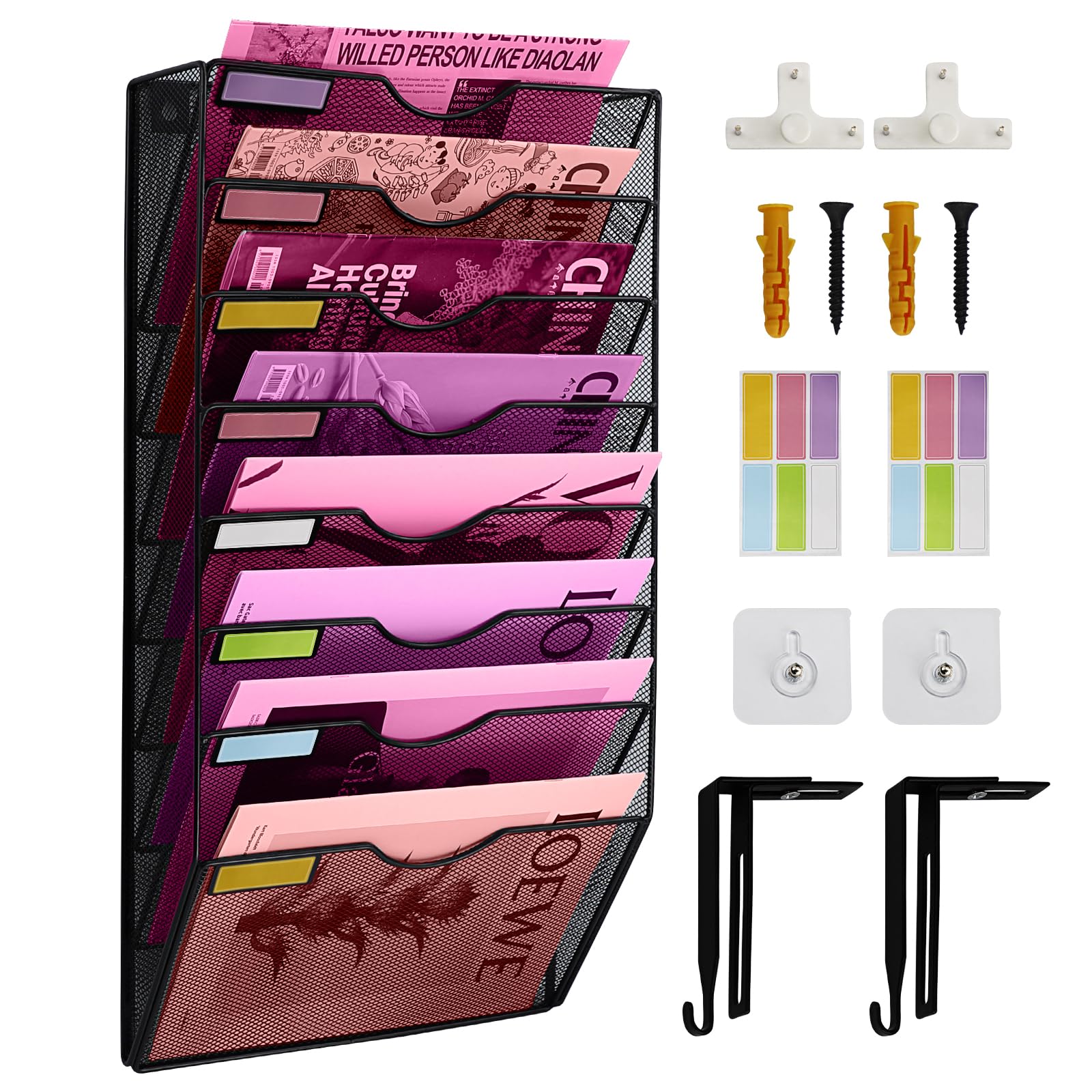 8-Fächer-Mesh-Wand-Aktenhalter Organizer Büro Hänge-Aktenordner Zeitschriften-Regal, Namensschild-Etikett-Haken-Set inklusive (Schwarz)