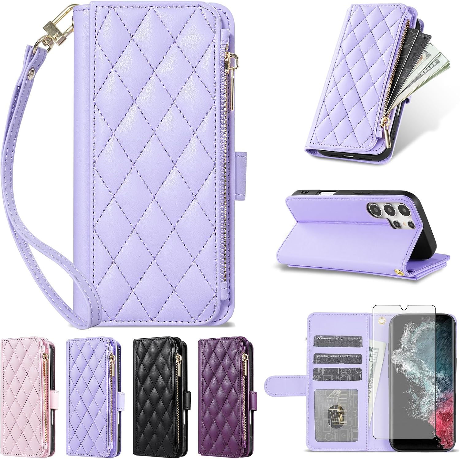 Argyle Flip Wallet Cover for Samsung Galaxy S22 Ultra Women Purple