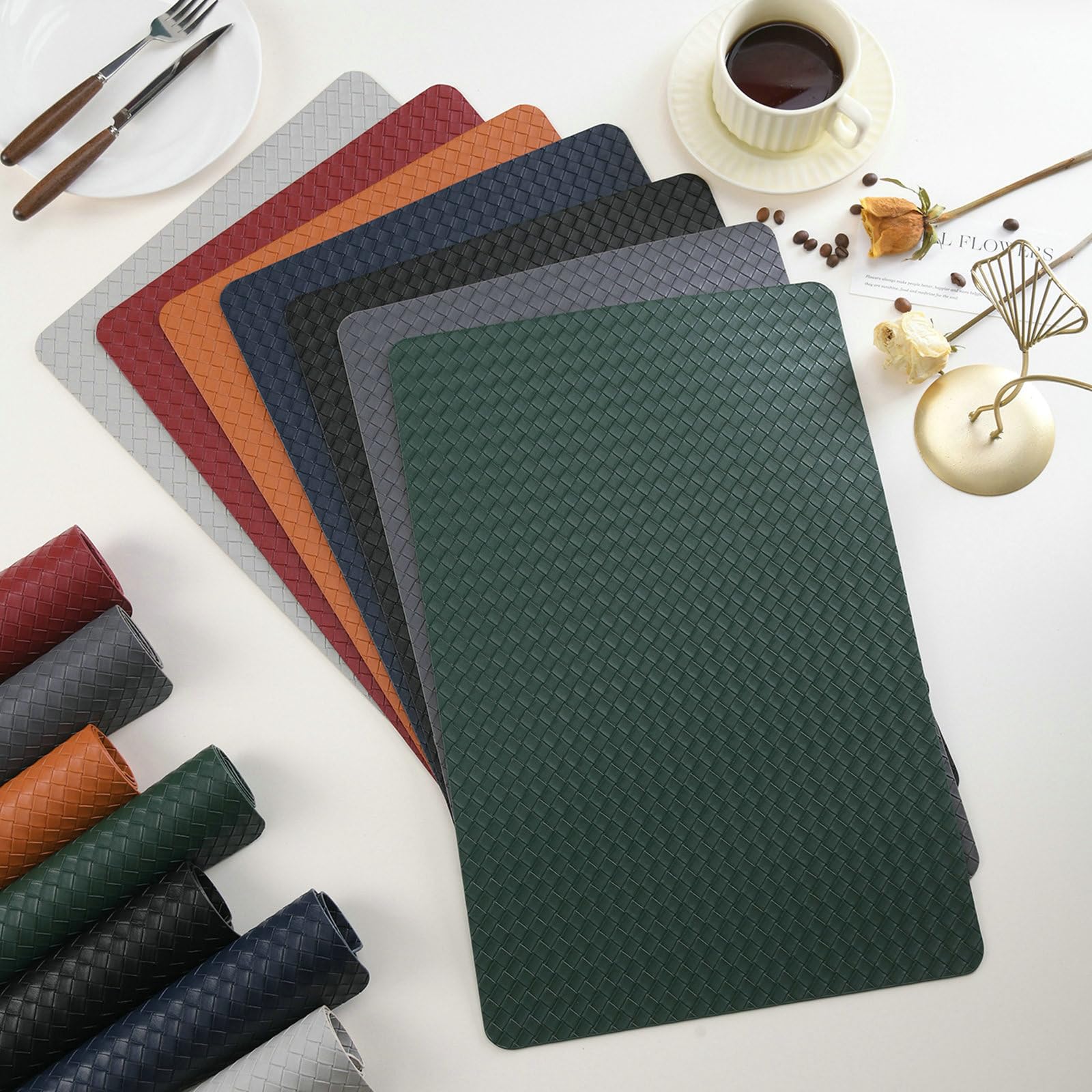 Gualiy Tischsets Abwaschbar 6er, Platzset Rechteckig Leder rutschfest 30x45CM Einfarbig Geflochten Tischset für Esstisch