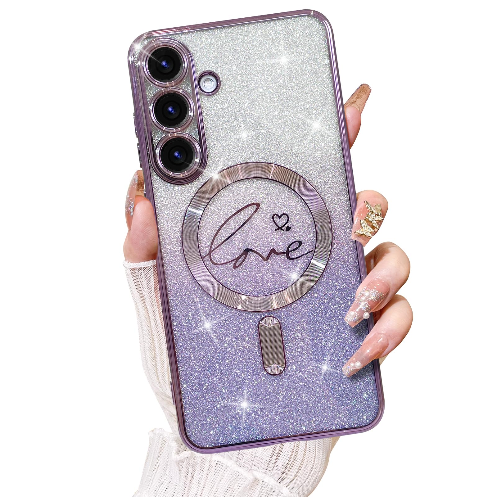 KANGHAR Magnetic Glitter Case for Samsung Galaxy S25 Plus, Clear Gradient Love Heart Pattern Design [Compatible with Magsa...
