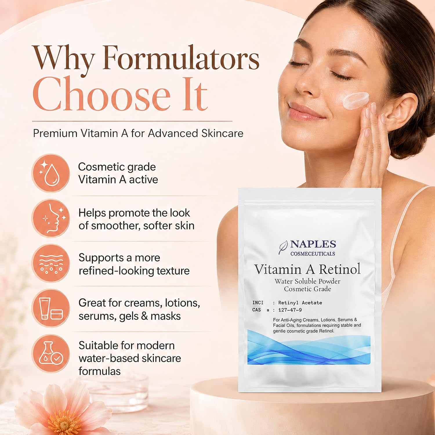 Vitamin A Retinol Powder Cosmetic Grade Retinyl Acetate, Water Soluble Cosmetic Ingredient for Serums, Creams, Lotions, Facial Care & DIY Skincare Formulations