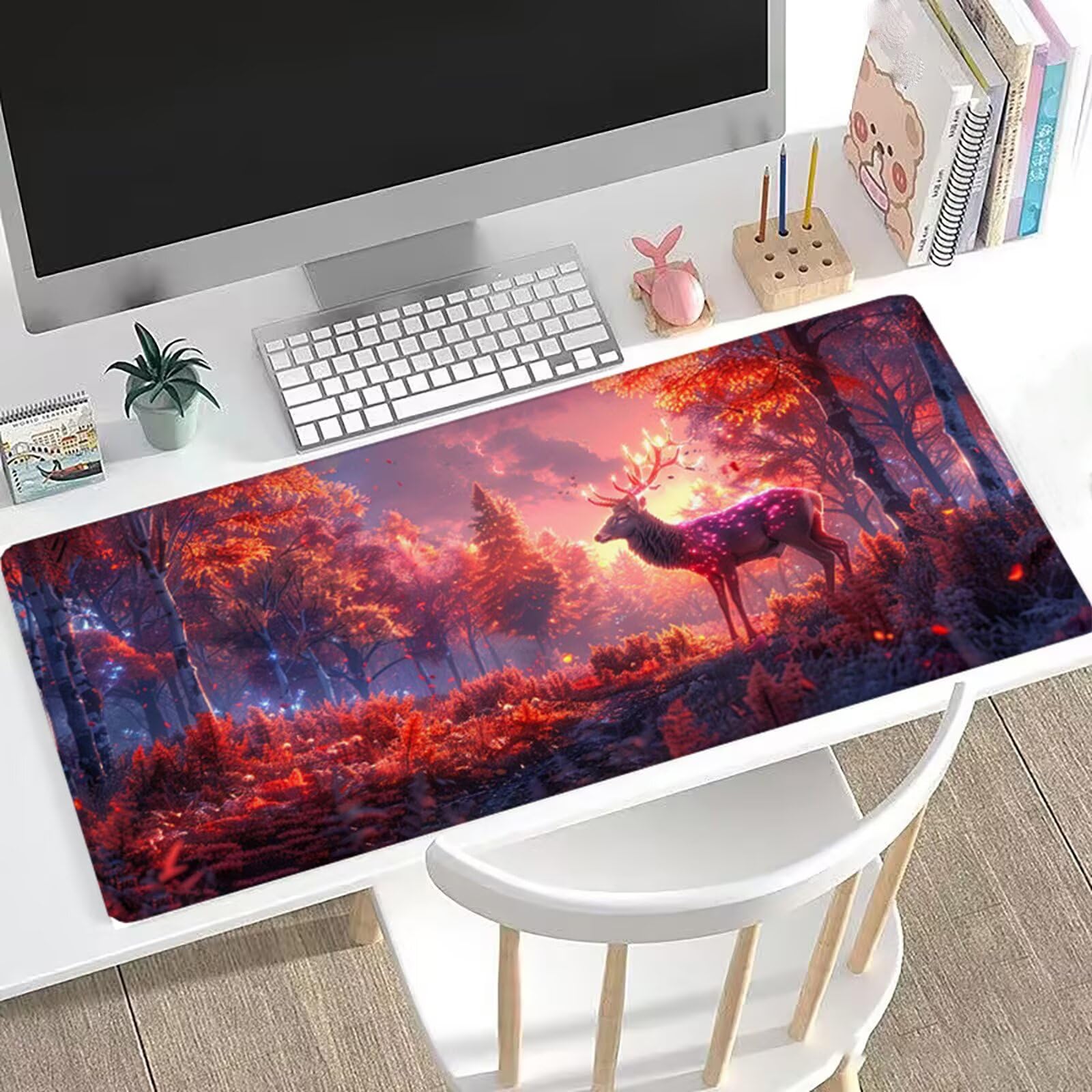 Czerwona podkładka pod mysz XXL, 120 x 60 cm, gamingowa podkładka pod mysz, jeleń, duża podkładka na biurko, akcesoria na biurko do gier z antypoślizgową podstawą i przeszytymi krawędziami, ulepszona