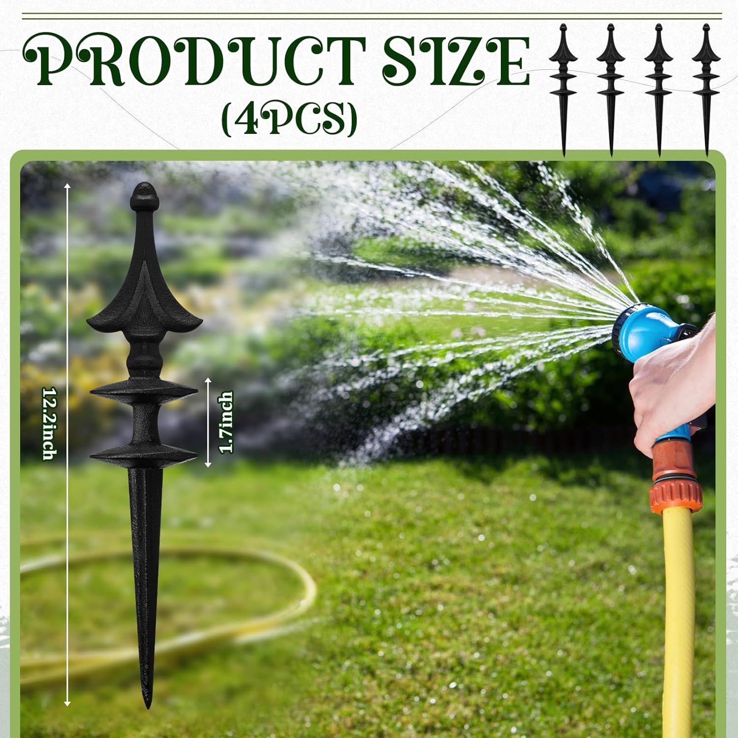 MorningRo 4 Pcs Garden Hose Guide Spike 12 Inch Heavy Duty Metal Hose Support Spike Aluminum Decorative Garden Stakes Protector to Keeps Flower Beds Plant Yard Lawn (Thatched)