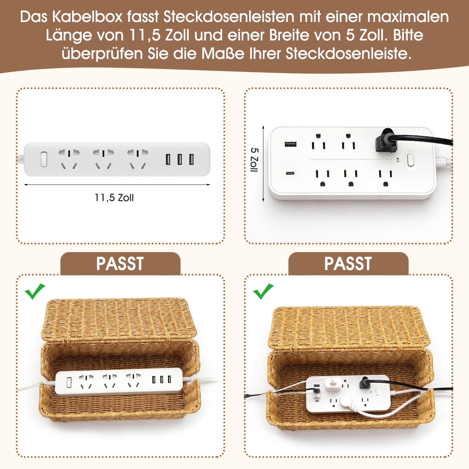 Kabelbox, Rattan Kabelmanagement Box, Hand-Woven Wire Storage, Unter Schreibtisch Kabel Organizer Box, Kabelsalat Verstecken, Kabelorganizer Box Set, für Zuhause und Büro