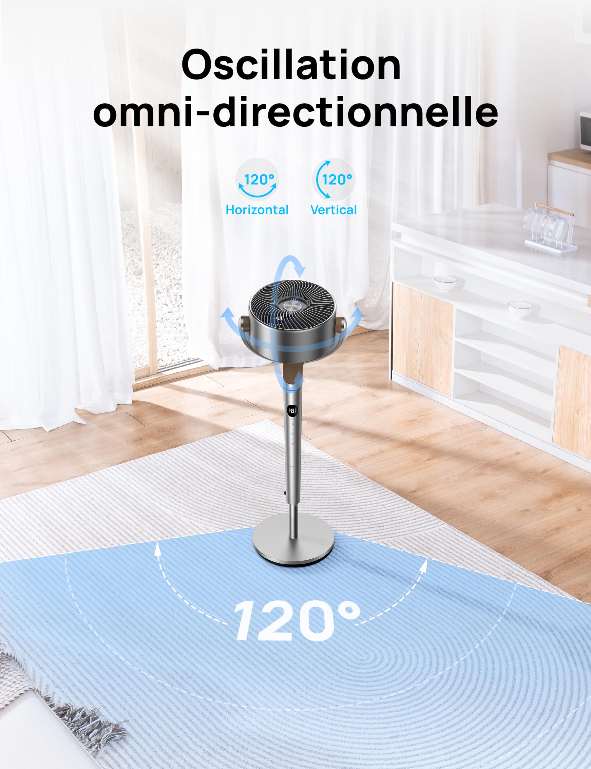 DREO 23dB ventilateur sur pied silencieux, portée de 24M, volume d'air 1200m³/h, turbo circulateur, hauteur de 102CM, 3 modes, 8 vitesses, oscillation omnidirectionnelle 120°+120°, PolyFan 502 - 5