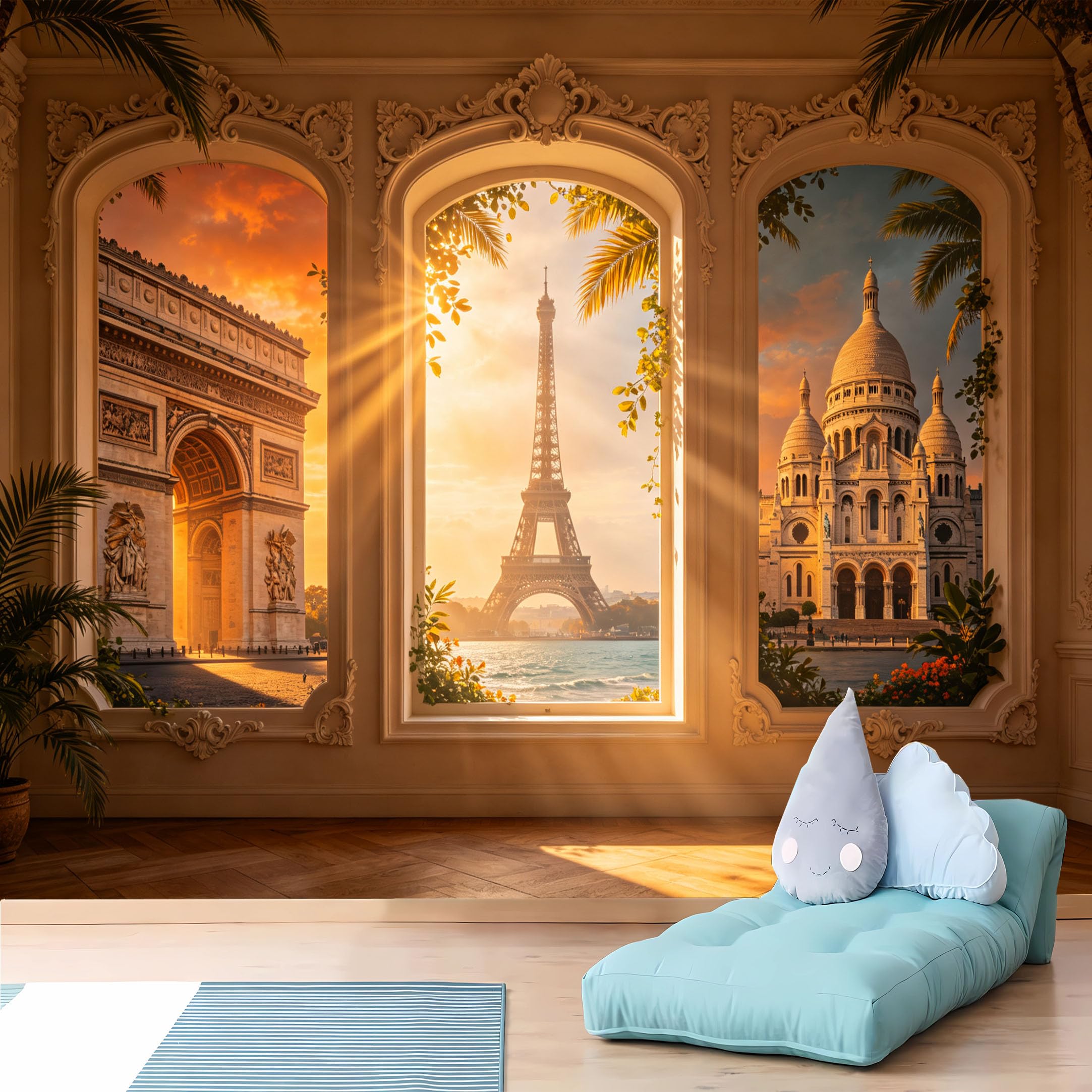 Custom Size Wall Murals 3D Paris Sunset View Through Ornate Arched Frames Wall Stickers Self-Adhesive Wall Fabric (NO PVC) Removable Wallpaper for Living Room