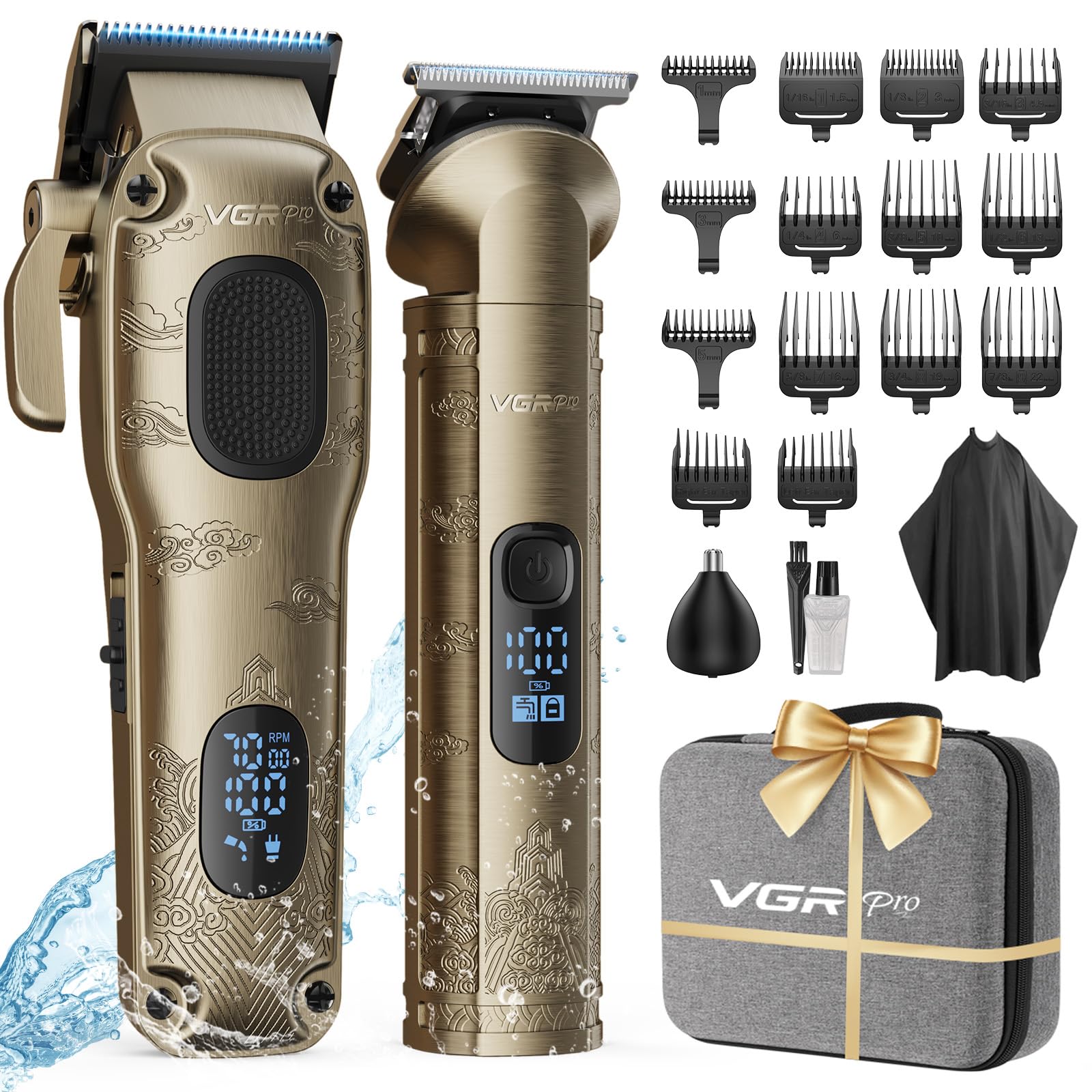 Vgrpro Hair Clippers Men Professional, Mens Clippers and Trimmers Set, USB Rechargeable Cordless Hair Clippers for Hair Cutting, Electric T-Blade Hair Trimmer for Men with Package Box (Gloden)