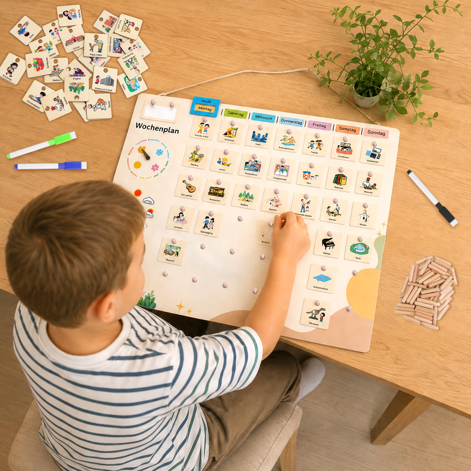 Planner Settimanale Bambini Montessori in Legno con Carte Attività