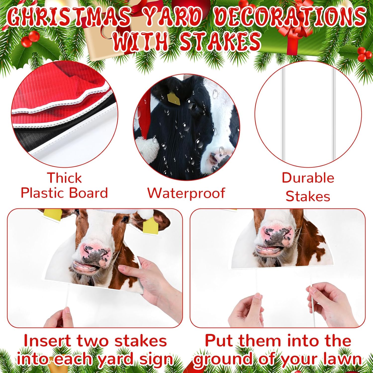 5 Pcs Cow Christmas Yard Signs 15.8 Inch Farmhouse Christmas Yard Stakes Outdoor Decorative Large Cow Xmas Decorations Signs for Farm Garden
