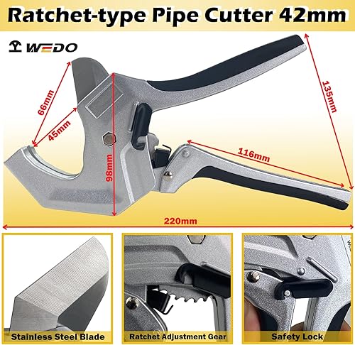 Miniatura 2 de WEDO Cortador de tubos de trinquete para mangueras de PVC, PEX, PE, PPR y plástico, corta hasta 1.65 pulgadas (1.654 in máximo), herramienta