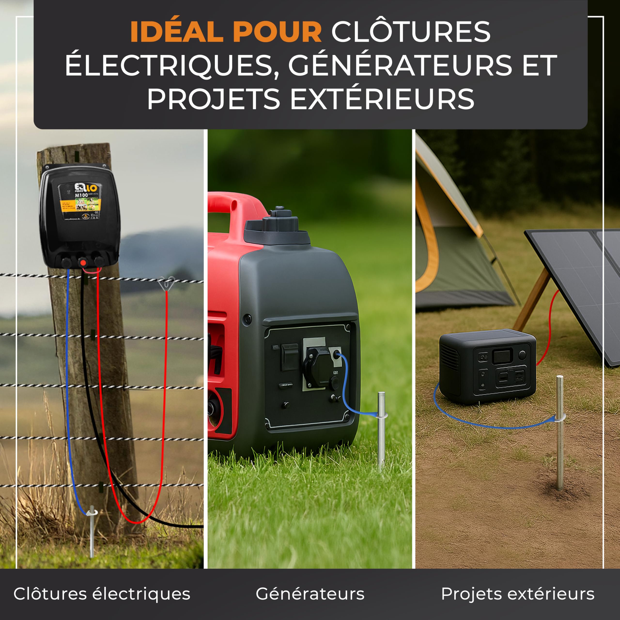Kit de mise à la terre pour clôture électrique - Piquet de terre robuste en acier inoxydable avec accessoires - Piquet de terre avec câble de terre & raccord - Set mise à la terre