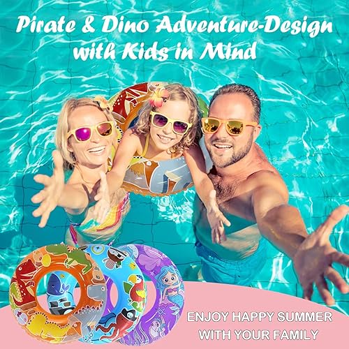 Miniatura 6 de Paquete de 3 flotadores de piscina para niños con diseño de dinosauriopiratasirena, juguetes de piscina para niños pequeños, anillos de natación