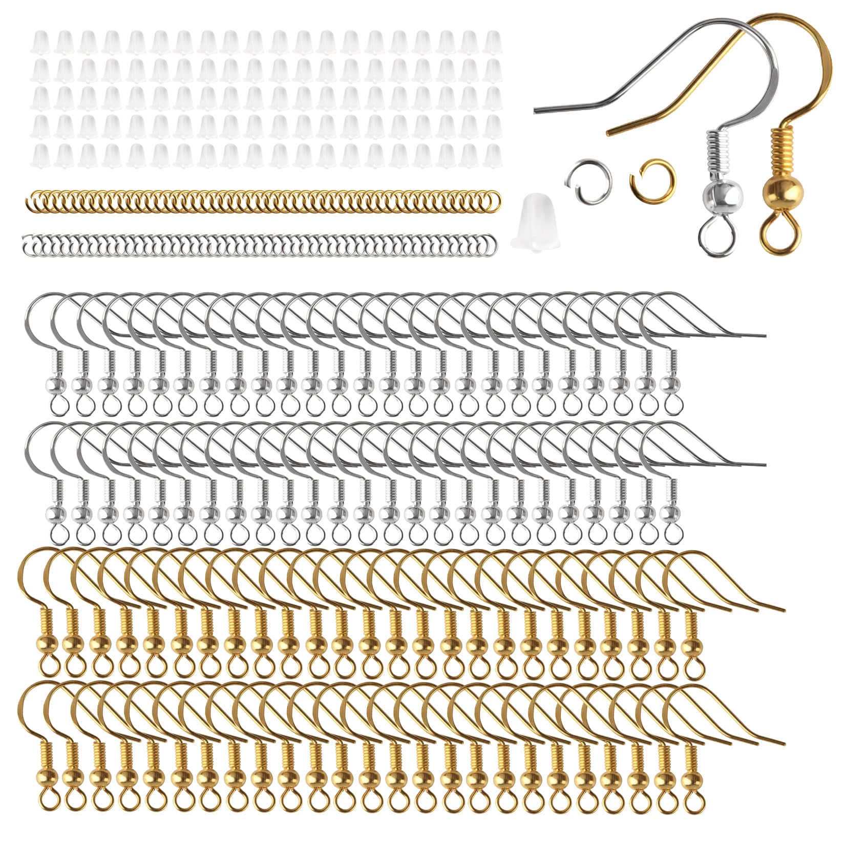 Ganci per Orecchini Fai Da Te, 300 Pz Ganci e Anelli in Oro e Argento, Accessori per Gioielli con Fermagli di Sicurezza