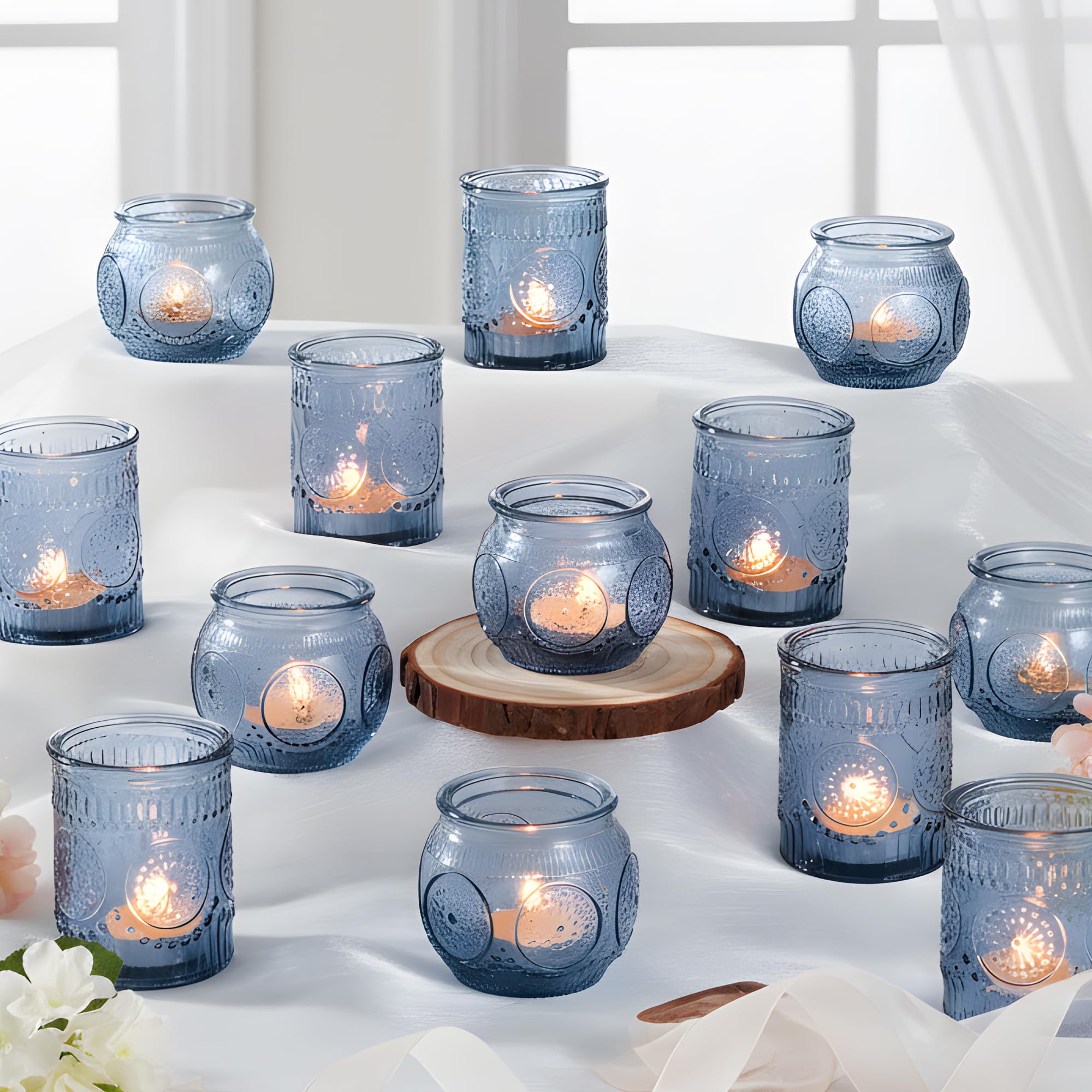 Ligtmor 24 Pcs Blue Vintage Candle Holders - Mixed Glass candlesticks for Party & Wedding Decoration,12 Glass Votive Candles,12 Bowl-Shaped Votive Candles,Tealight glasses holders (24, Blue)