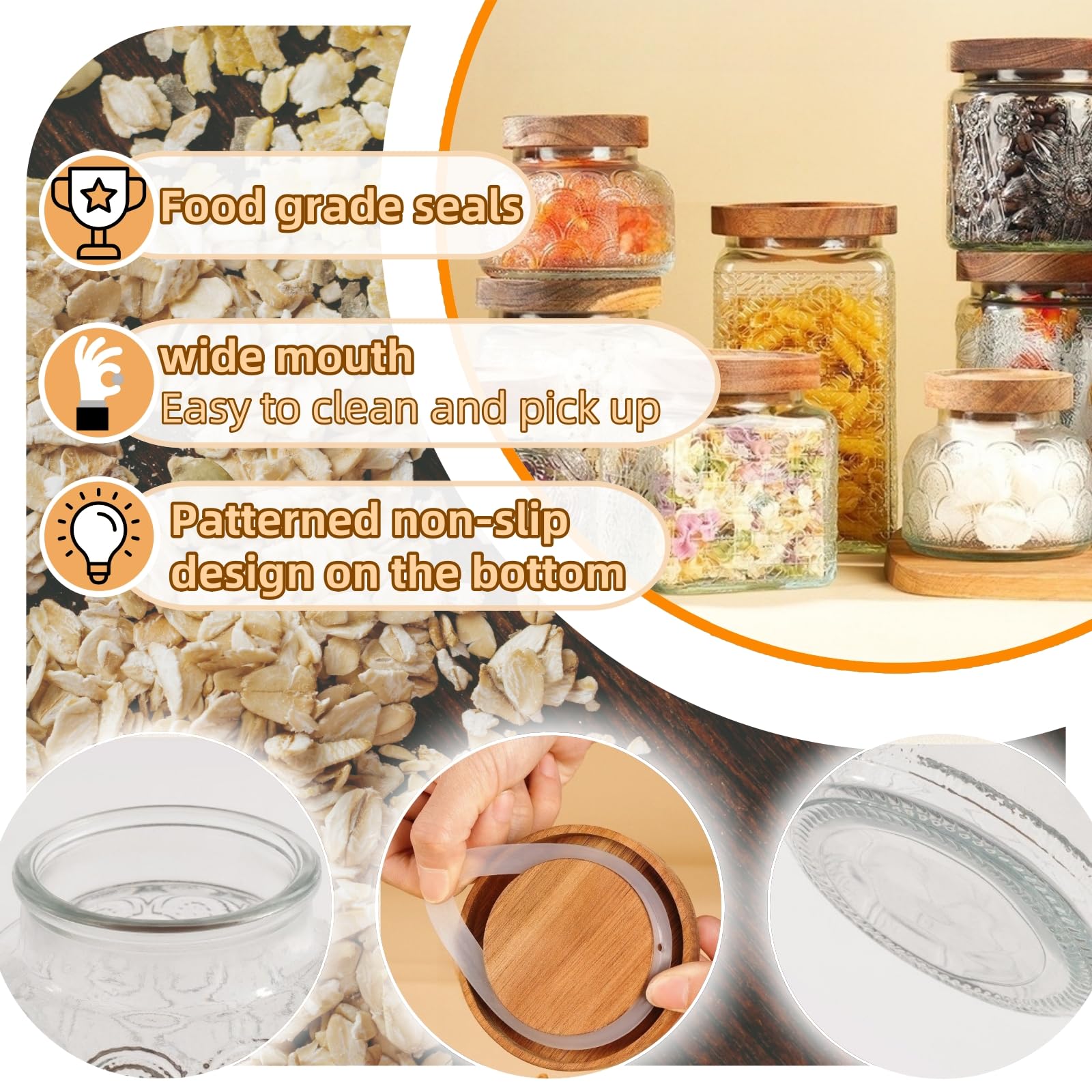 1/3Stück Vorratsgläser, 260ml-2200ml Luftdichte Glasbehälter, Vorratsdose Glas mit Holzdeckel Geprägtes Glas Küche Vorratsdosen (orbicular, je 1 von 3 Größen)