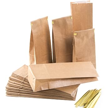 Small Block Bottom Bags Pack of 25 Brown Paper Bags Tea Bags Kraft Paper Gift Bag Give-Aways for Coffee Tea Herbs & Biscuits Kraft Paper Bags Paper Bags with Closure 7 x 4 x 20.5 cm