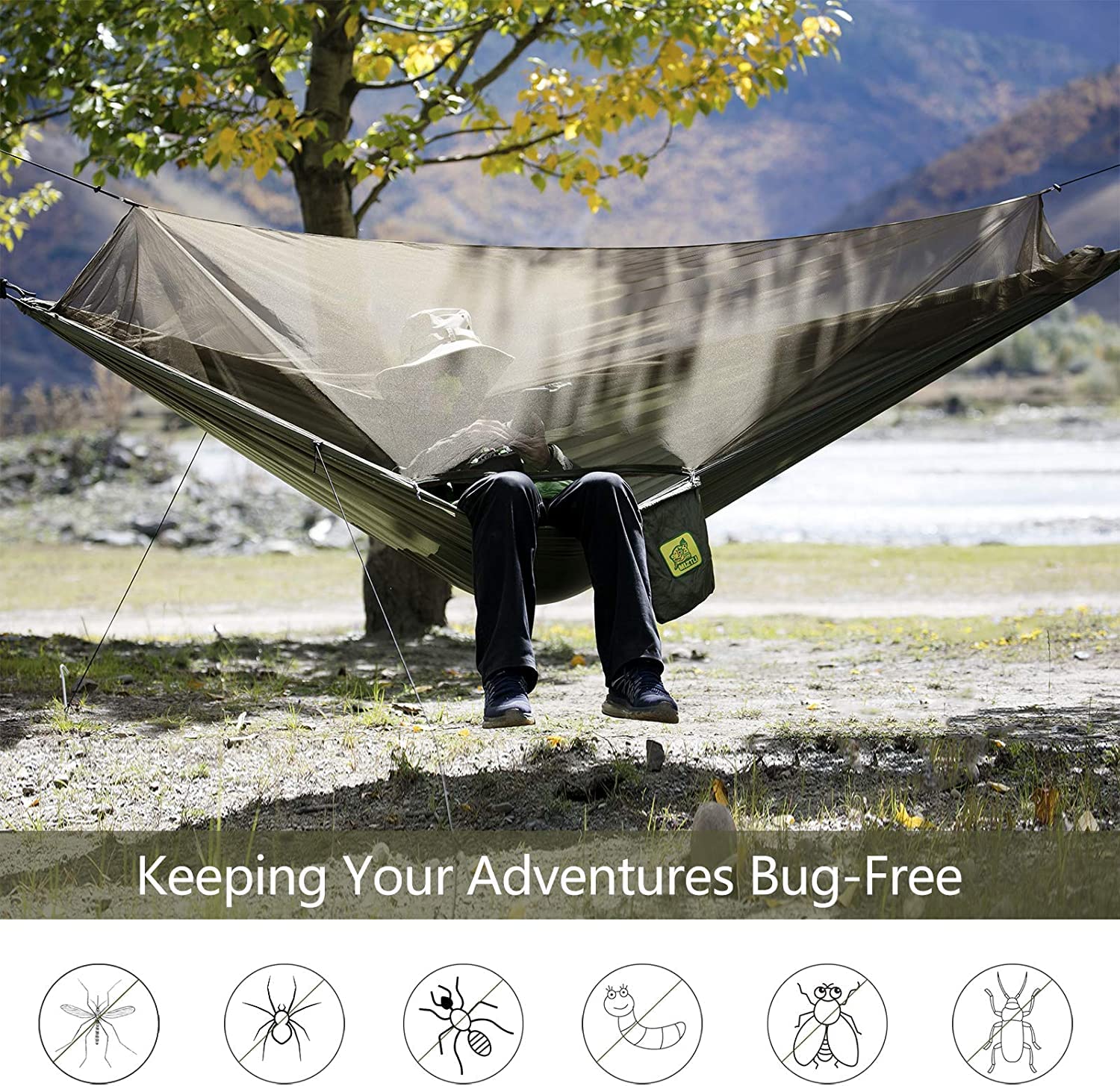 Miztli Hamaca de camping con red, hamaca portátil ligera para exteriores, hamaca de viaje con correas de árbol de 20 pies (total), perfecta para camping, senderismo, patio, aventura y supervivencia