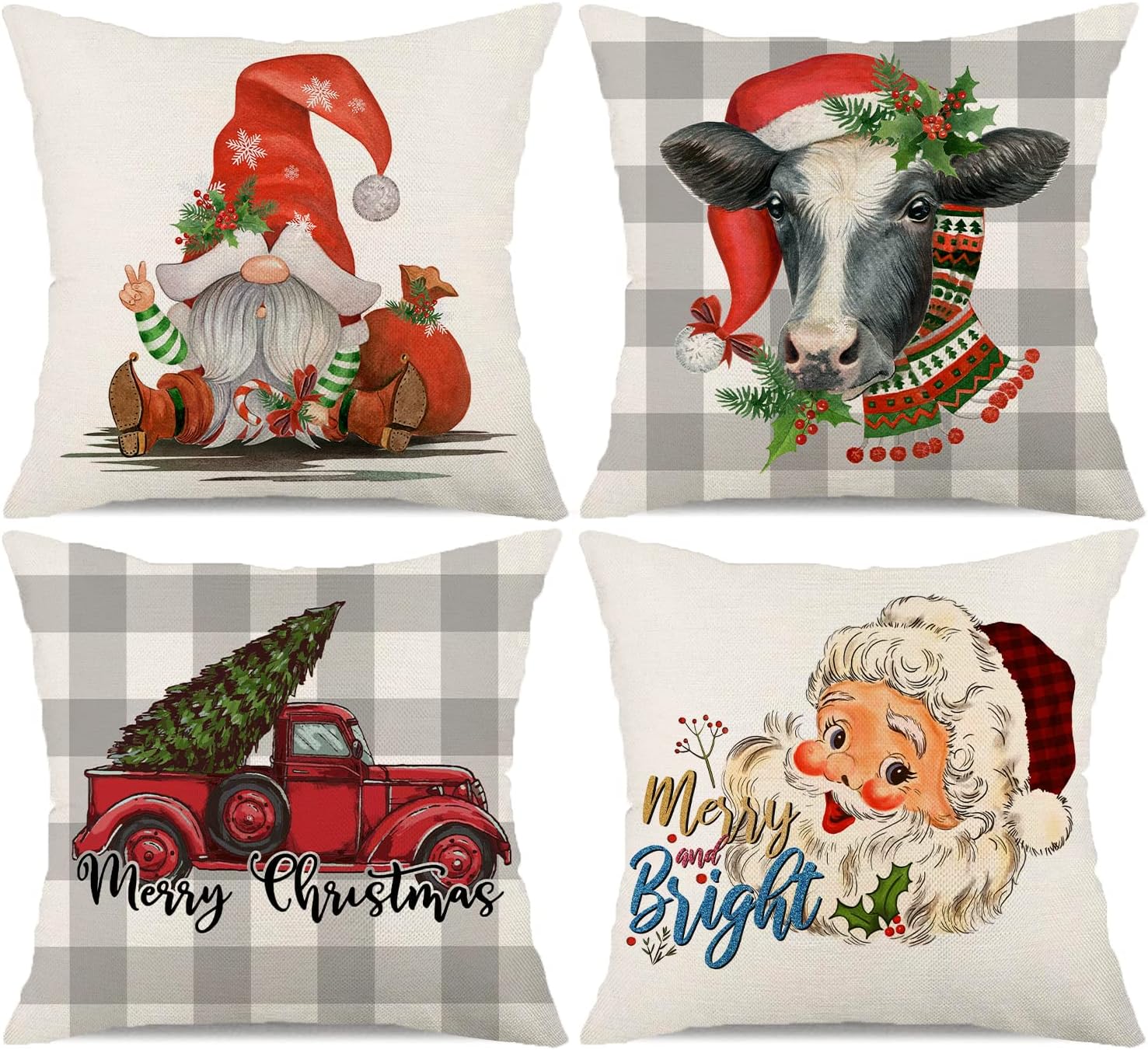 Farmhouse Christmas Pillow Covers 18x18 Set of 4 Gray
