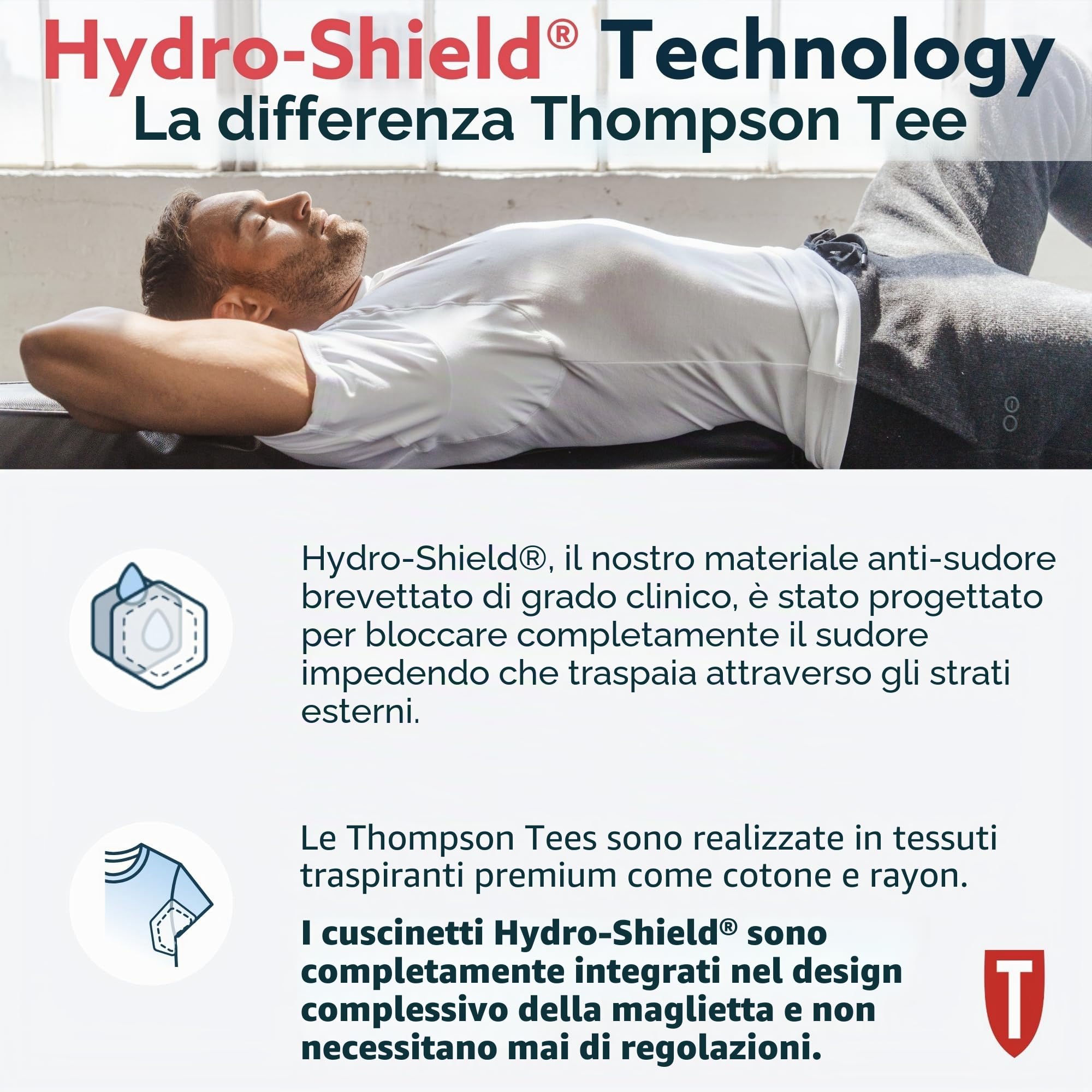 Thompson Tee - Maglia Intima blocca-Sudore - con Pad sotto-Manica Anti-microbico - Modello Originale - Scollo a V Profondo