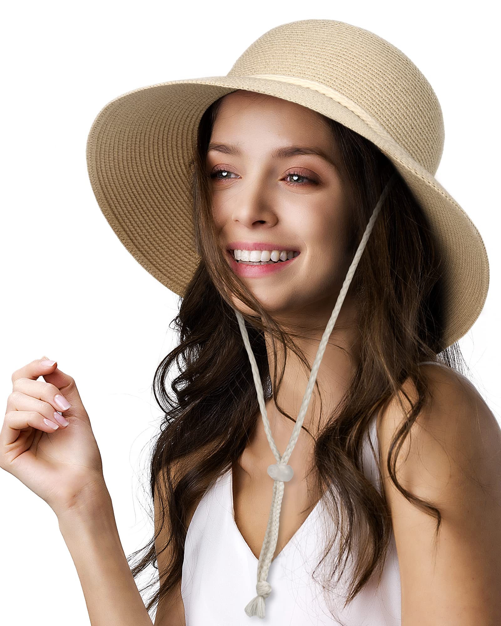 FURTALK Womens Wide Brim Sun Hat with Wind Lanyard UPF Summer Straw Sun Hats for Women Beige