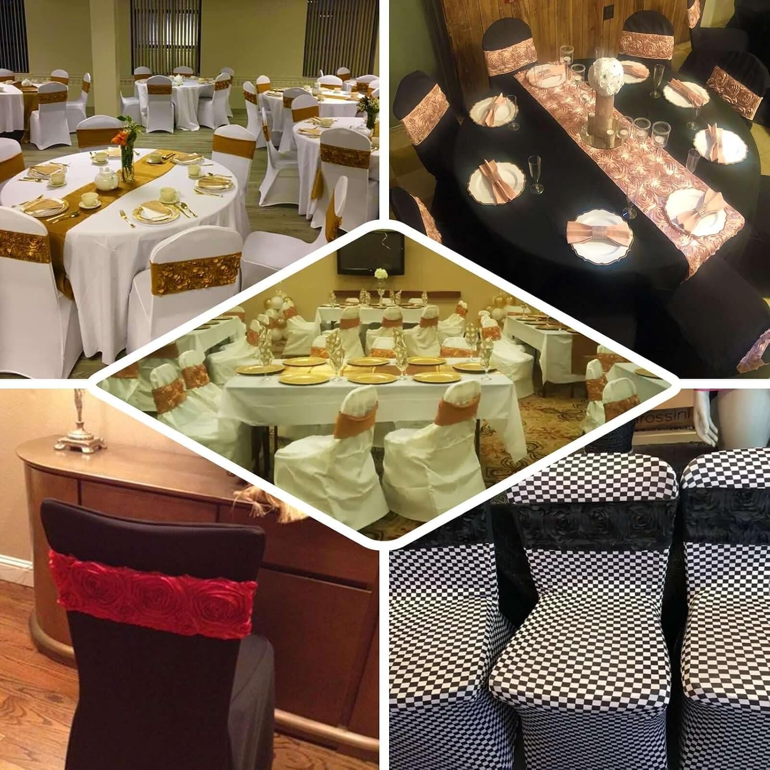 Efavormart 5 Pack Gold Satin Rosette Spandex Banquet Wedding Chair Sashes Covers Band for Wedding Party Banquet Event Decoration
