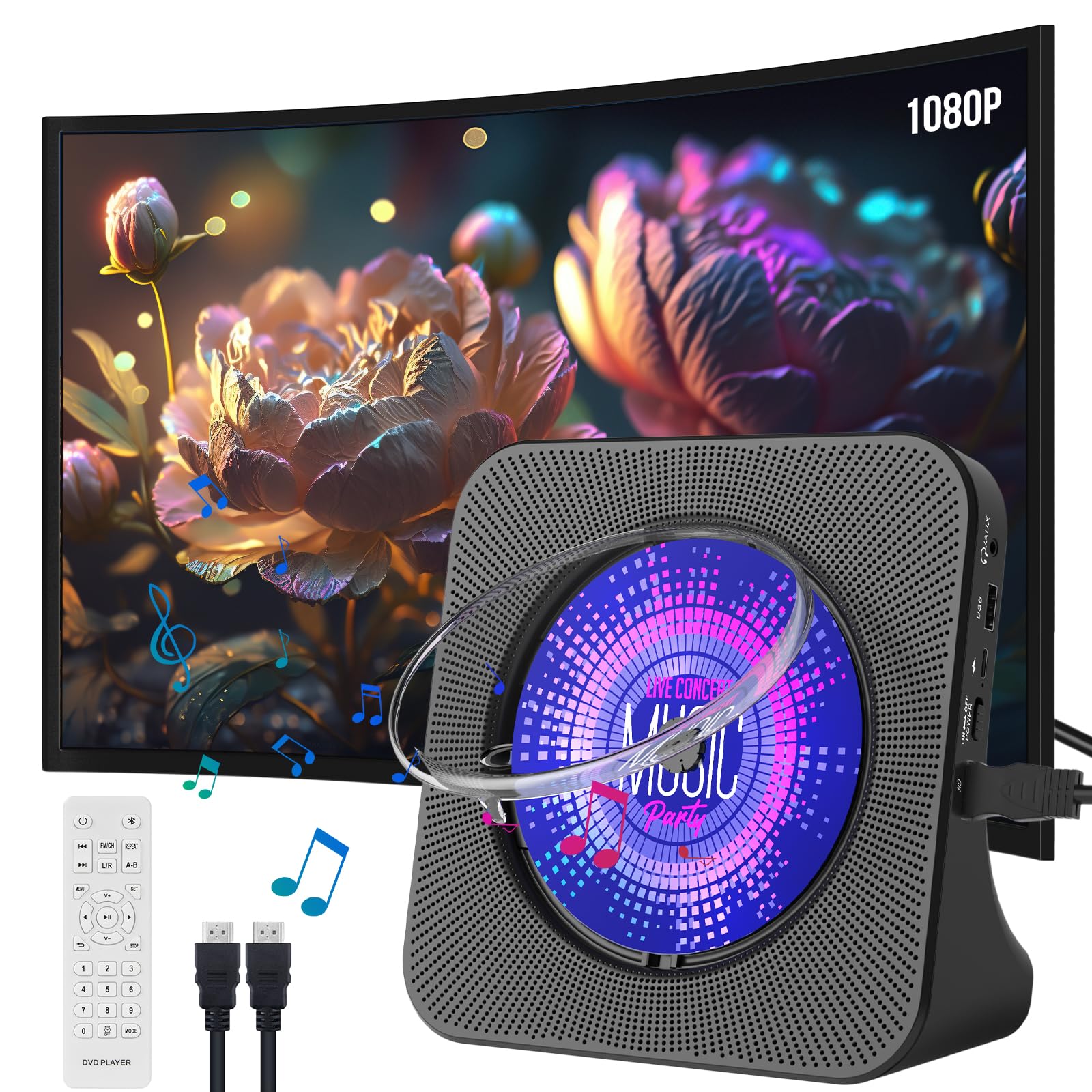 CD Player DVD Player for TV All Region Free with Audio USB Output DVD CD Player Recorded Disc Player with Remote Control Supports MIC & Built-in PAL & NTSC System Coaxial Port for TV Connect