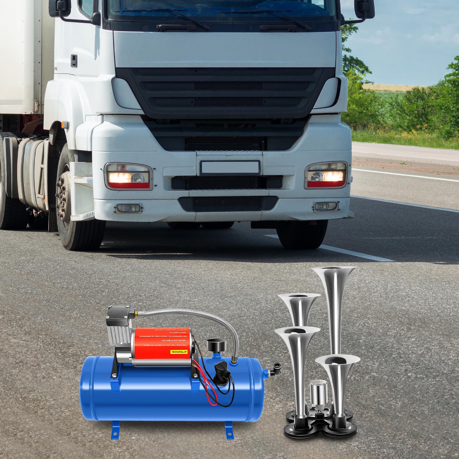 Compresor de aire de 12 V con kit de 4 bocinas de aire Trumpet Train 150PSI con depósito de 6 L para vehículos, motores de automóviles, bicicletas, neumáticos, pelotas, juguetes y barcos, color azul