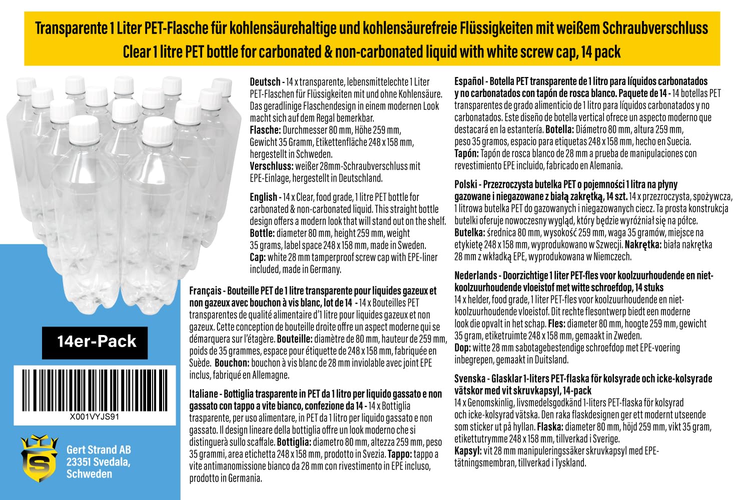 Paquete de 14 botellas de PET de 1 litro, aptas para alimentos para líquidos carbonatados y silenciosos, con tapón de rosca blanco, botella de agua vacía, botellas de plástico para rellenar, 1