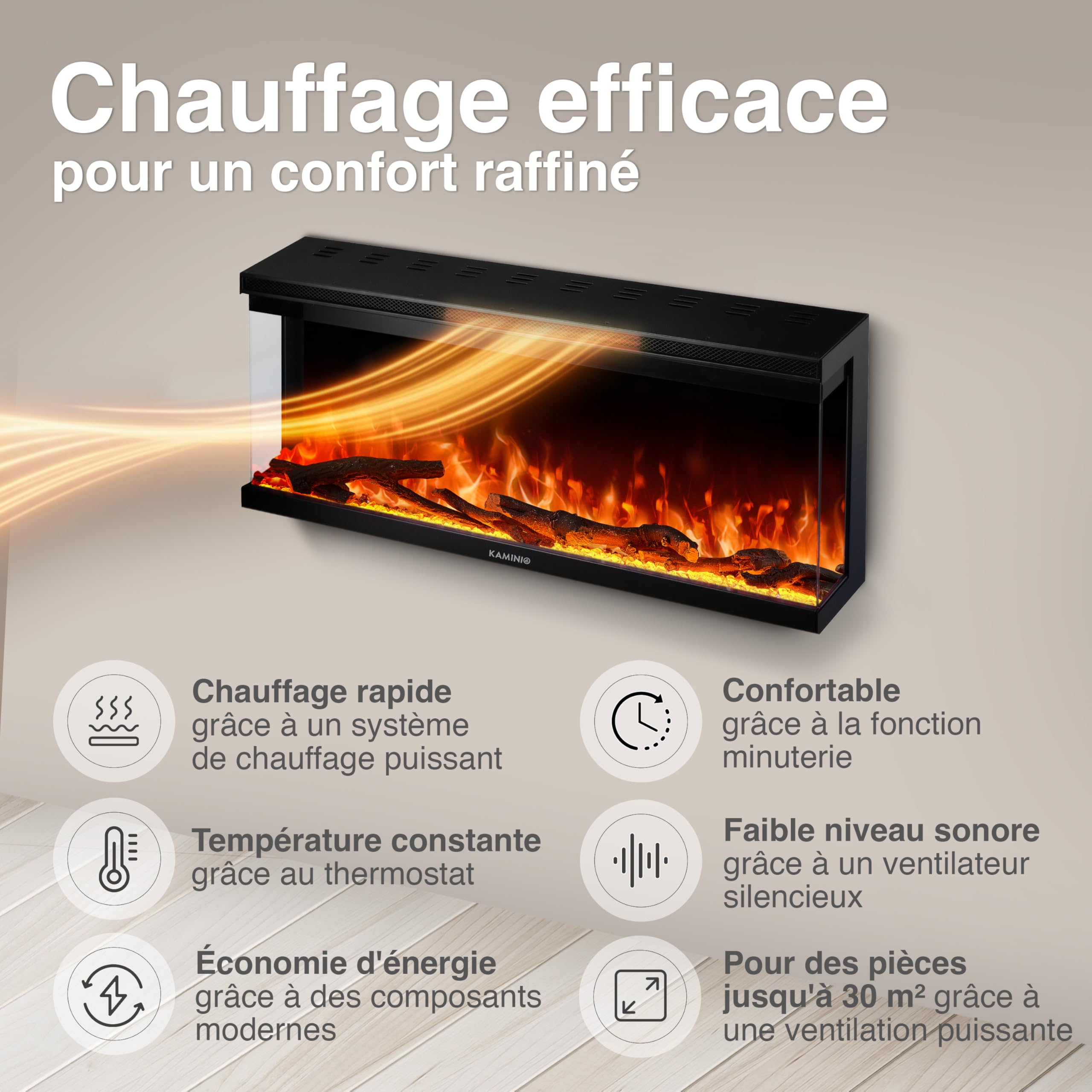 KAMINIO Cheminée Electrique Lea - Cheminée Électrique 3-en-1 avec Vue panoramique, Chauffage, Effet de Flamme, 12 Couleurs de Flammes, télécommande (36 Pouces)