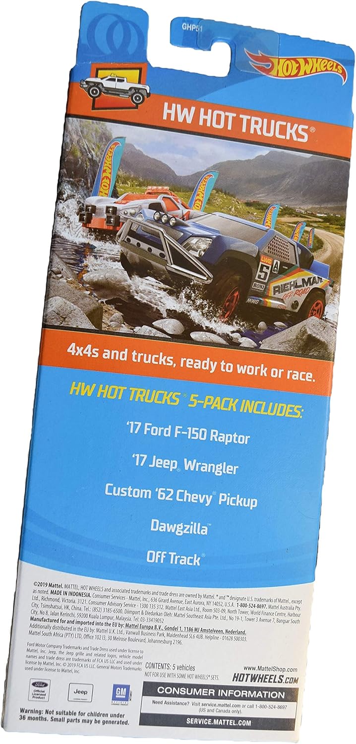 Hot Wheels 5 Pack Hot Trucks with Rare Black Jeep Wrangler, Green Ford Raptor f-150