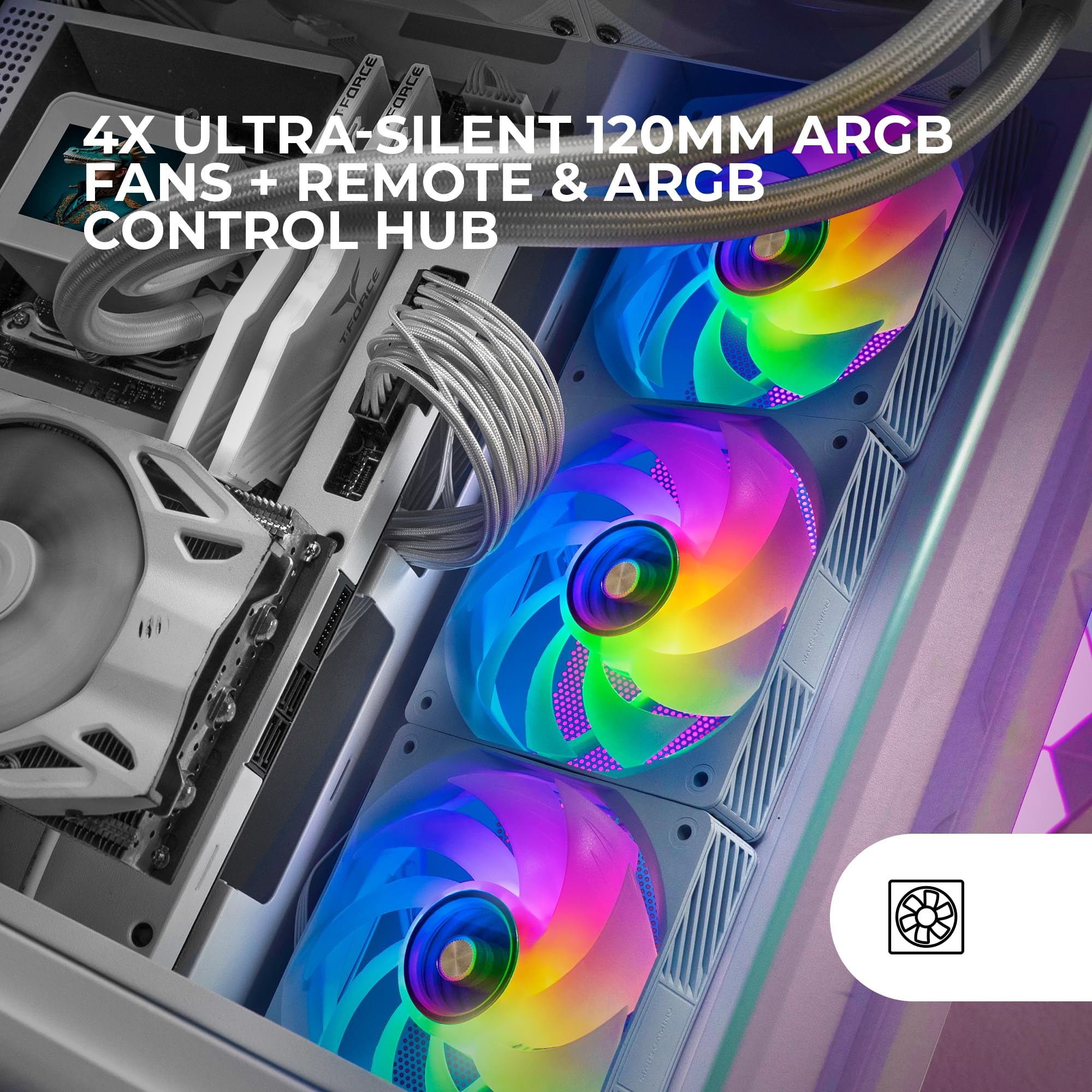Mars Gaming MF-SI4KIT, Kit 4x Ventiladores Ultrasilenciosos 120mm, Iluminación ARGB Infinity Mirror, Rodamientos FDB y Núcleo de Cobre, Mando a Distancia y HUB, Compatibilidad Total ARGB, Blanco