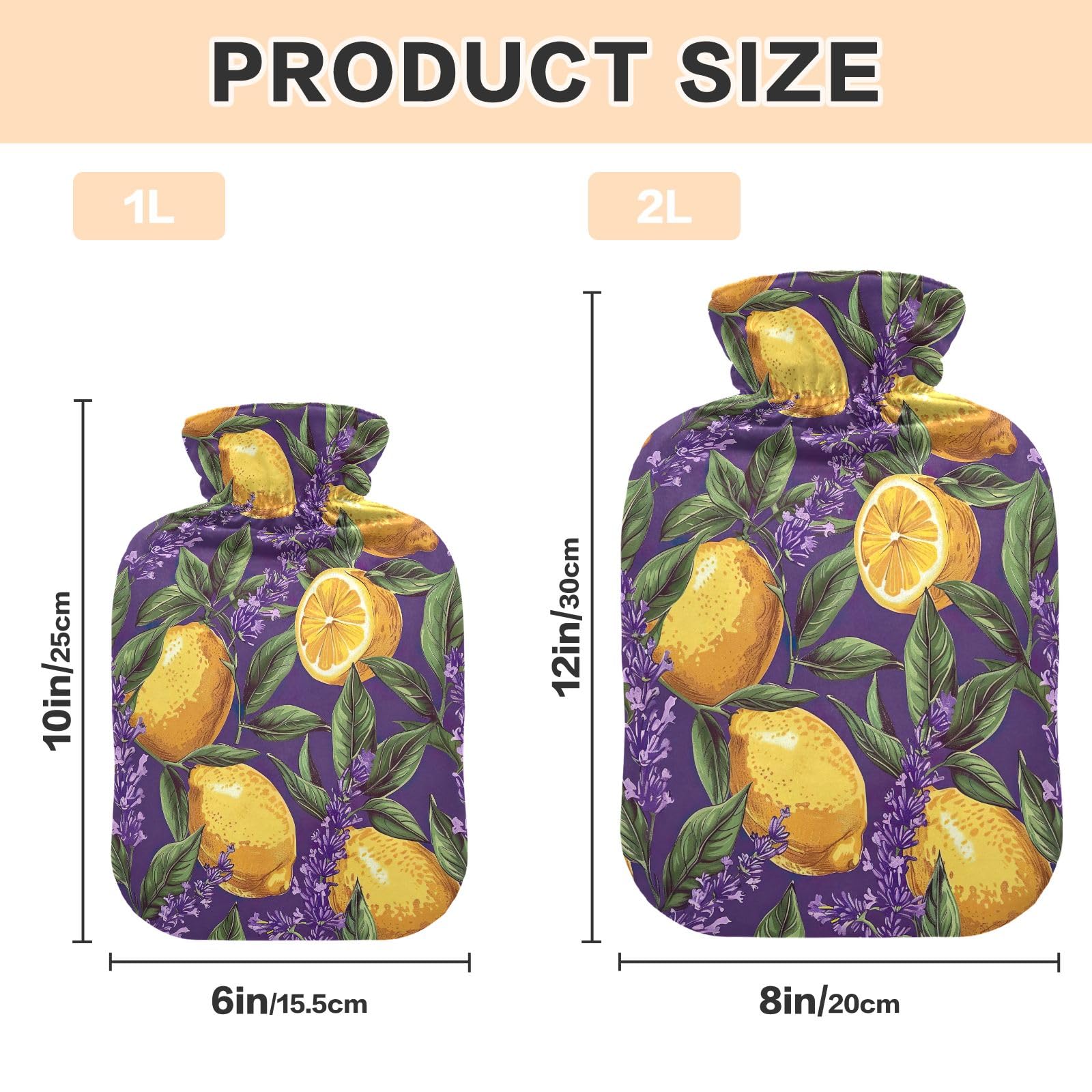 Hot Water Bottle Bag with Cover, 1L Reusable Hot Water Bag for Menstrual Cramps, Neck and Shoulder Pain Relief, Hot and Cold Therapy, Purple Lavender and Oranges