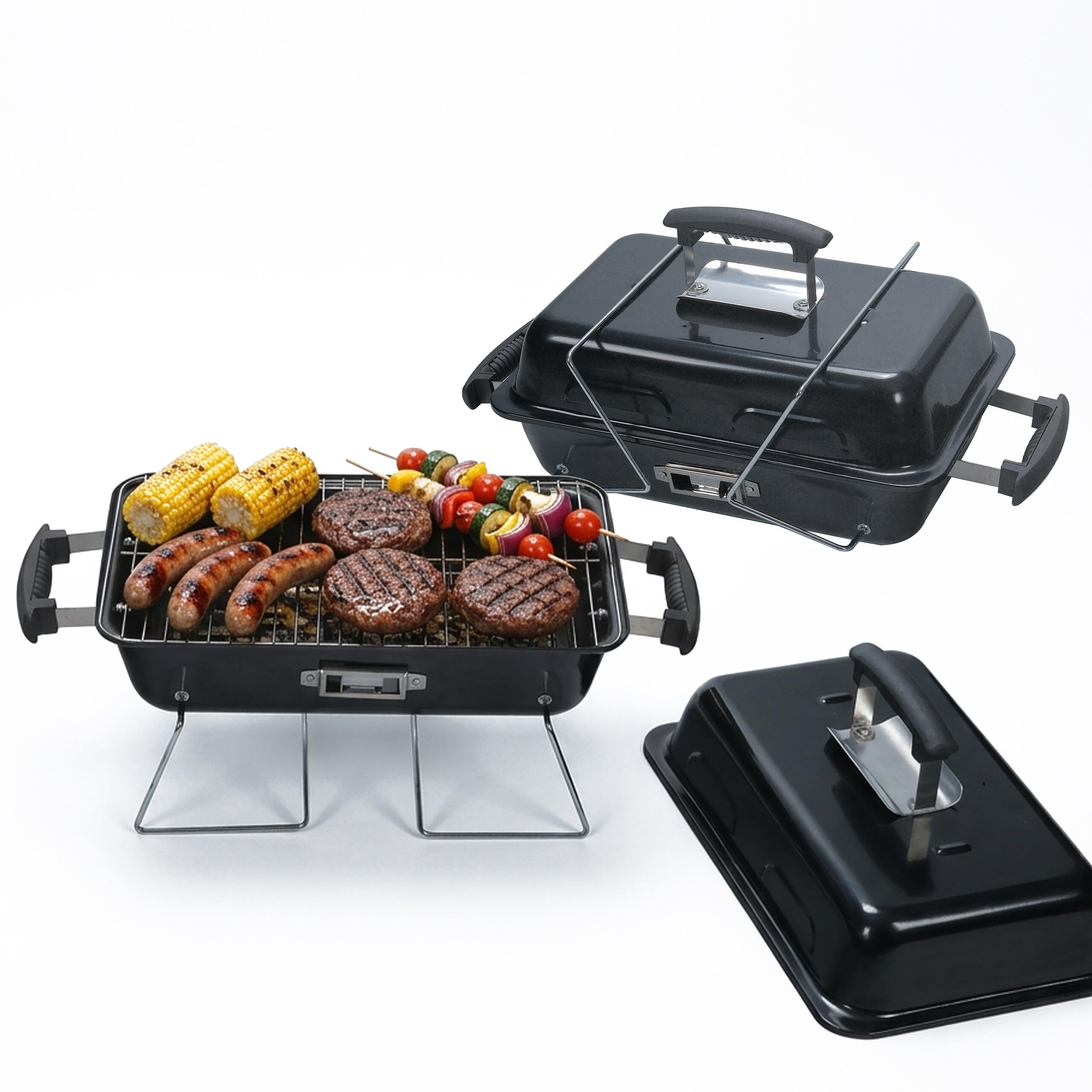 Relaxdays griglia da Tavolo Pieghevole Portatile, Nero | HxLxP: 36 x 56 x 30,5 cm, ventilazione, coperchio, acciaio