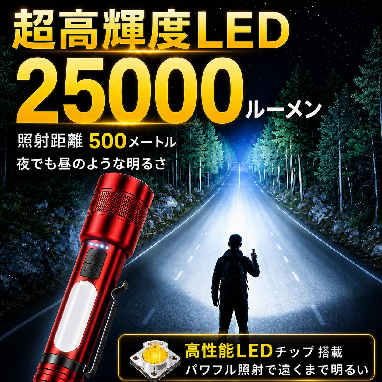 Amazon.co.jp: 超高輝度 懐中電灯 強力 25000ルーメン COB作業灯付き 9