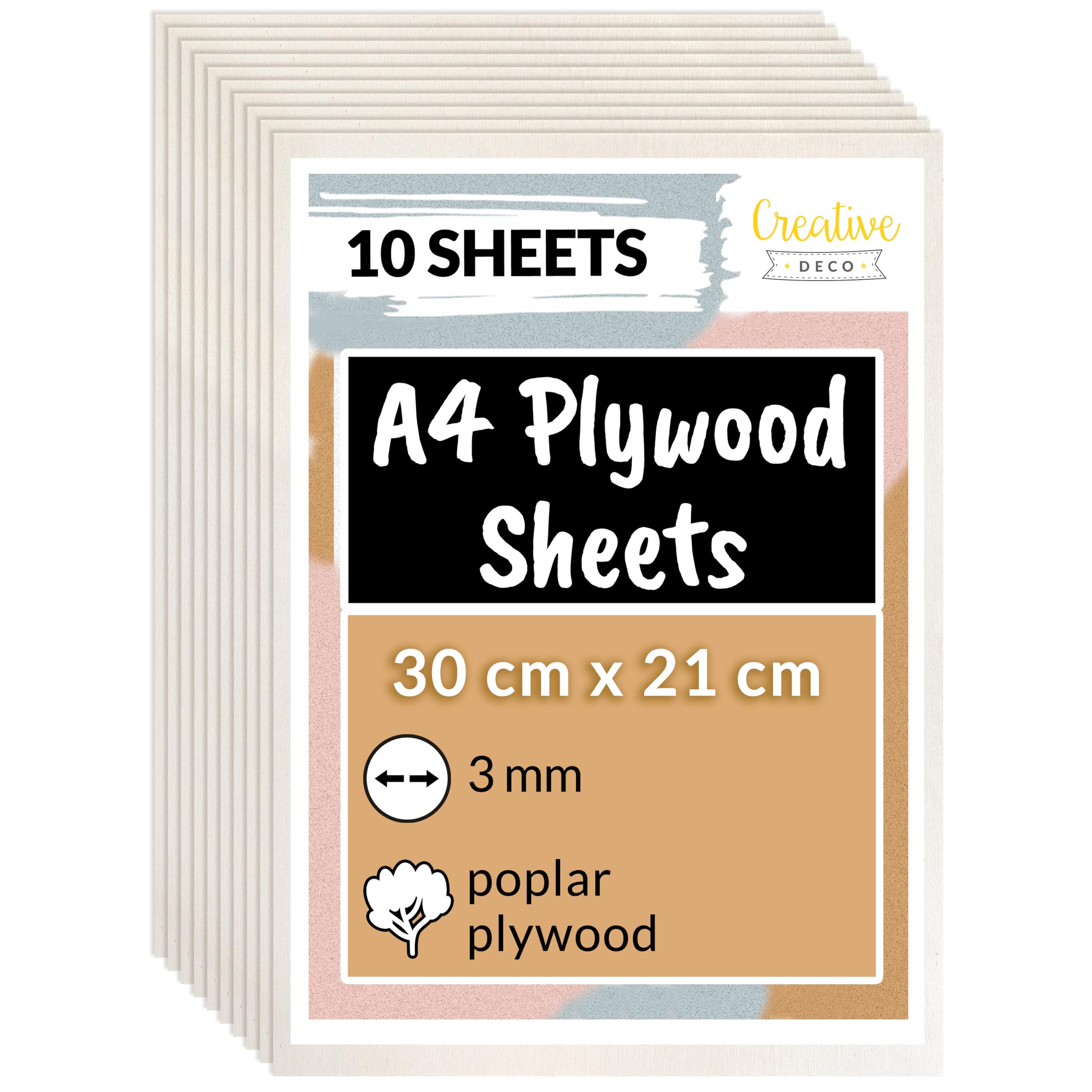 Creative Deco 10 x A4 Plywood Sheets | 300 x 210 x 3 mm (+/- 2mm) | Poplar Wood Ply | Perfect Board for Wood Board DIY Home Decor Arts Craft Painting Laser Cutting CNC Scroll Saw Stenciling Pyrography