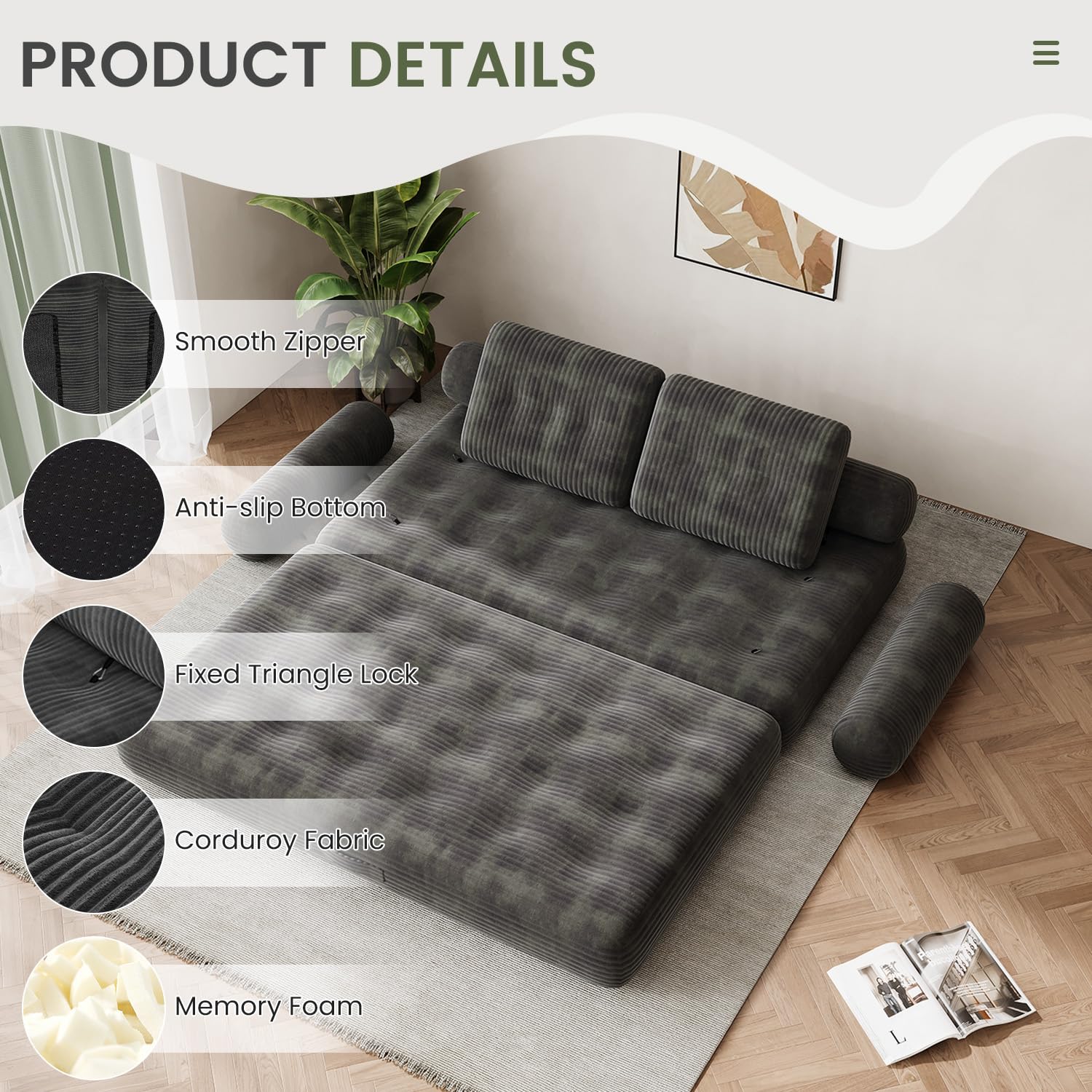 59" Convertible Sofa Bed, 5-in-1 Folding Sleeper Chair - Grey, Full | Loveseat Fold Out Boneless Couch Futon Floor Mattress Lounge with Pillows Removable Armrests for Dorm Apartment Living Room