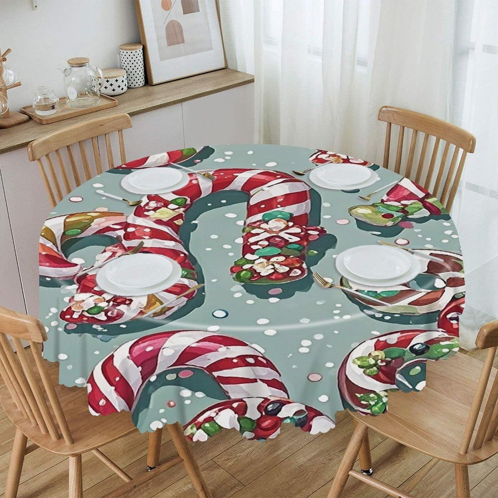 FekiLoot Christmas Candies Round Tablecloth 60 Inch Waterproof Heavy Duty Table Cloth Spillproof Washable Table Cover Wrinkle Resistant Tablecloths Decorative Table Cloths