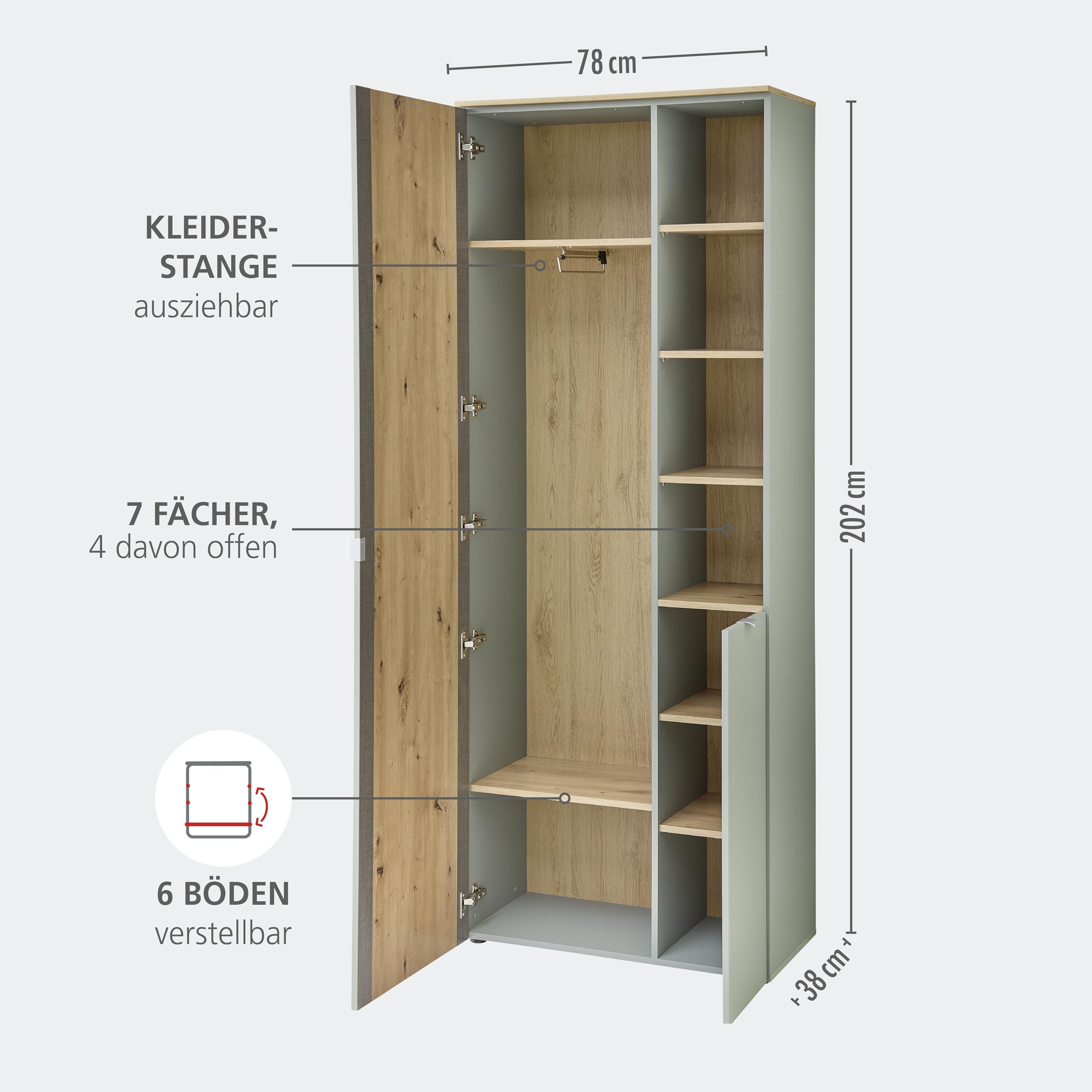 BARI Garderobenschrank mit Spiegel in Schilfgrün, Artisan Eiche Optik FSC-zertifiziert - Moderner Flurgarderoben Schrank mit viel Stauraum - 78 x 202 x 38 cm (B/H/T)
