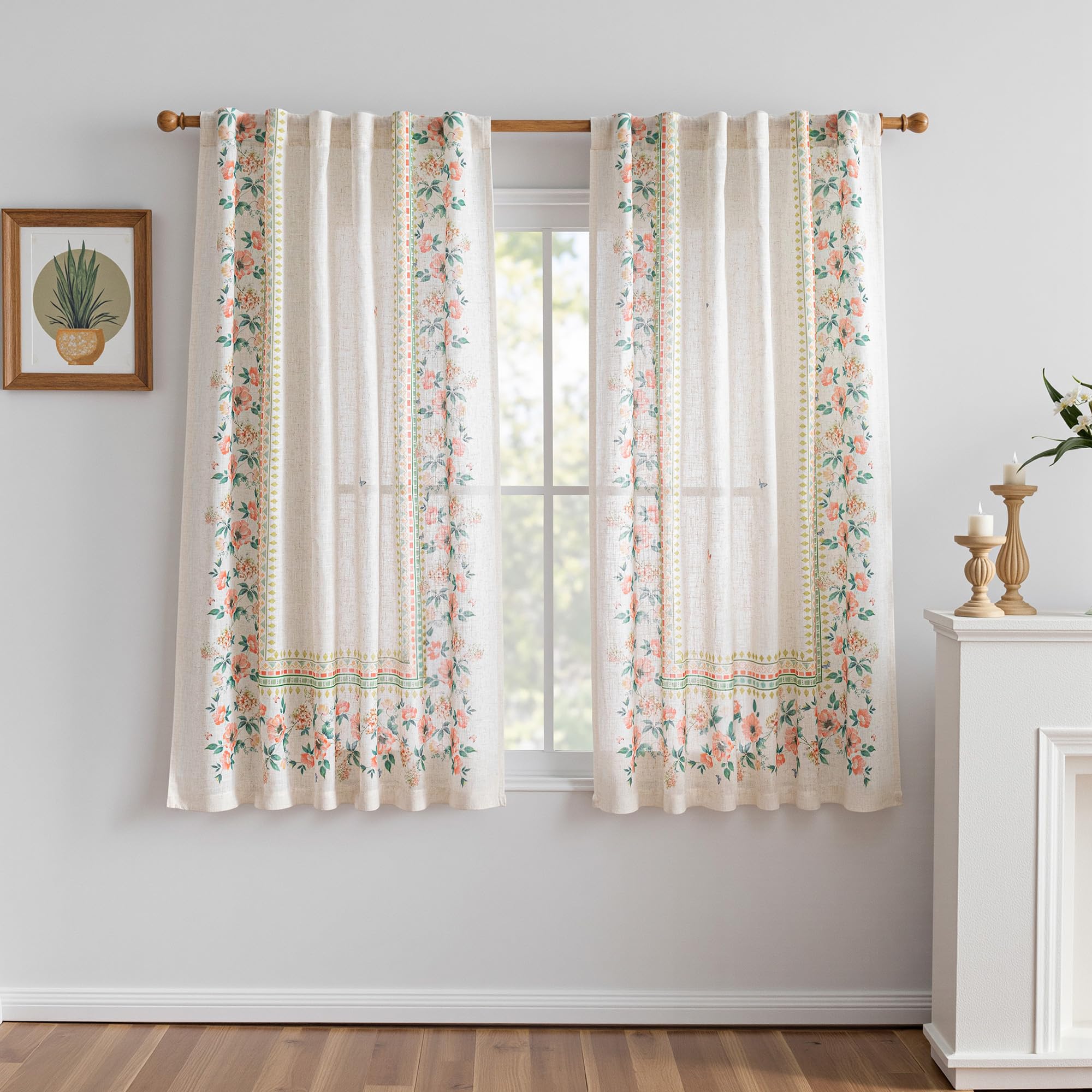 MYSKY HOME Boho Floral Curtains with Butterfly 63 inch Semi Sheer Linen Look for Bedroom Kitchen Bohemian Style Farmhouse Home Decor Light Filtering Privacy Protect Back Tab Drape, 50", Pink, 2 Panels