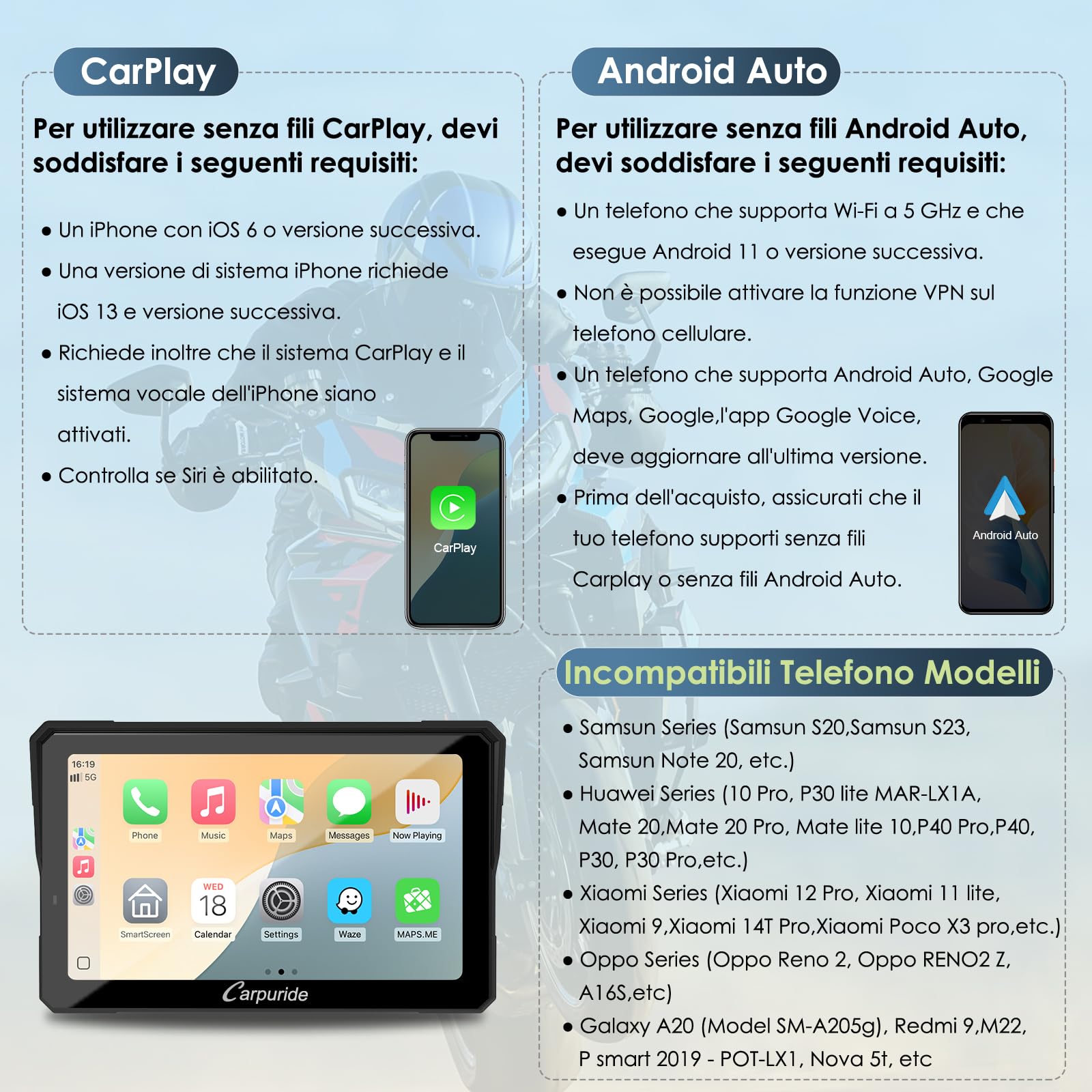 Carpuride W702T Pro Moto Carplay Schermo con TPMS Sistema, Senza Fili CarPlay e Android Auto, Portatile 7" Impermeabile Tattile Schermo, Doppio Bluetooth, Interfono Funzione, Navi, Bussola, Barometro.