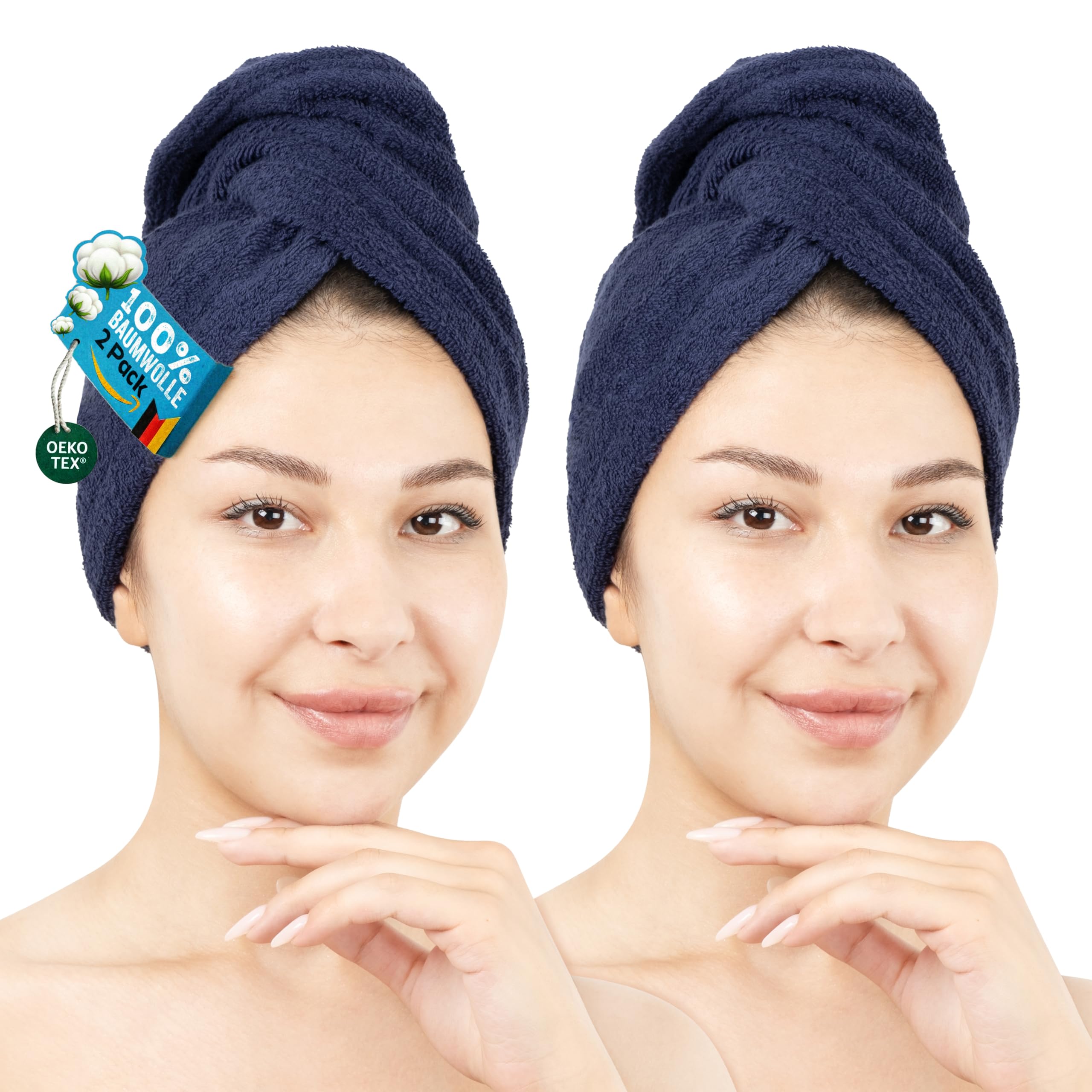 Hammetex Haartuch Damen 2er Set – Haarhandtuch aus 100% Baumwolle – Oeko-TEX Zertifiziert – Weich, Saugstark – Haarturban mit Knopf, Dunkelblau